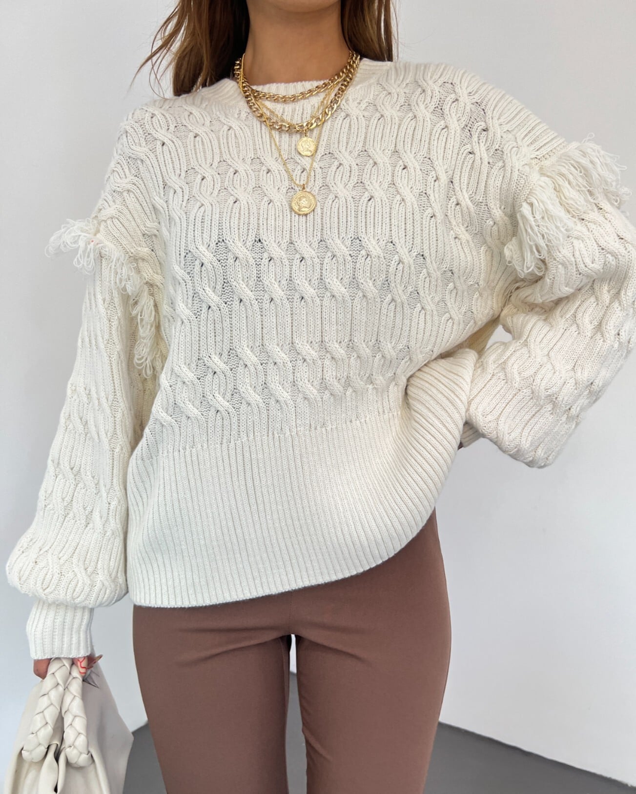 Cream Fringe Detail Balloon Sleeve Cable Knit Sweater - Podyumplus - by Peralane - photo 4