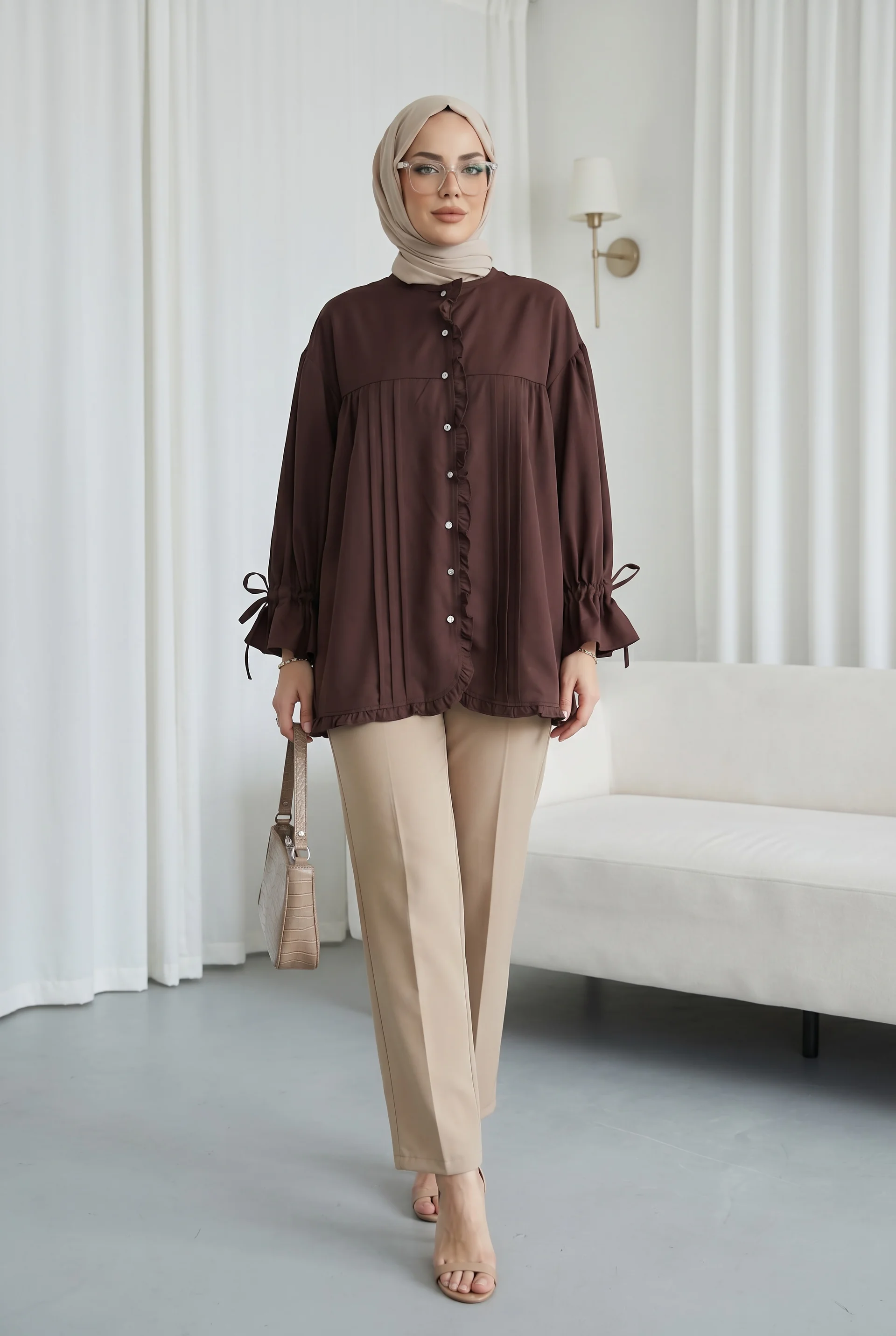Ruffled Cupra Tunic with Tie Sleeves and Stone Buttons - Plum - Podyumplus - by Peralane - photo 2