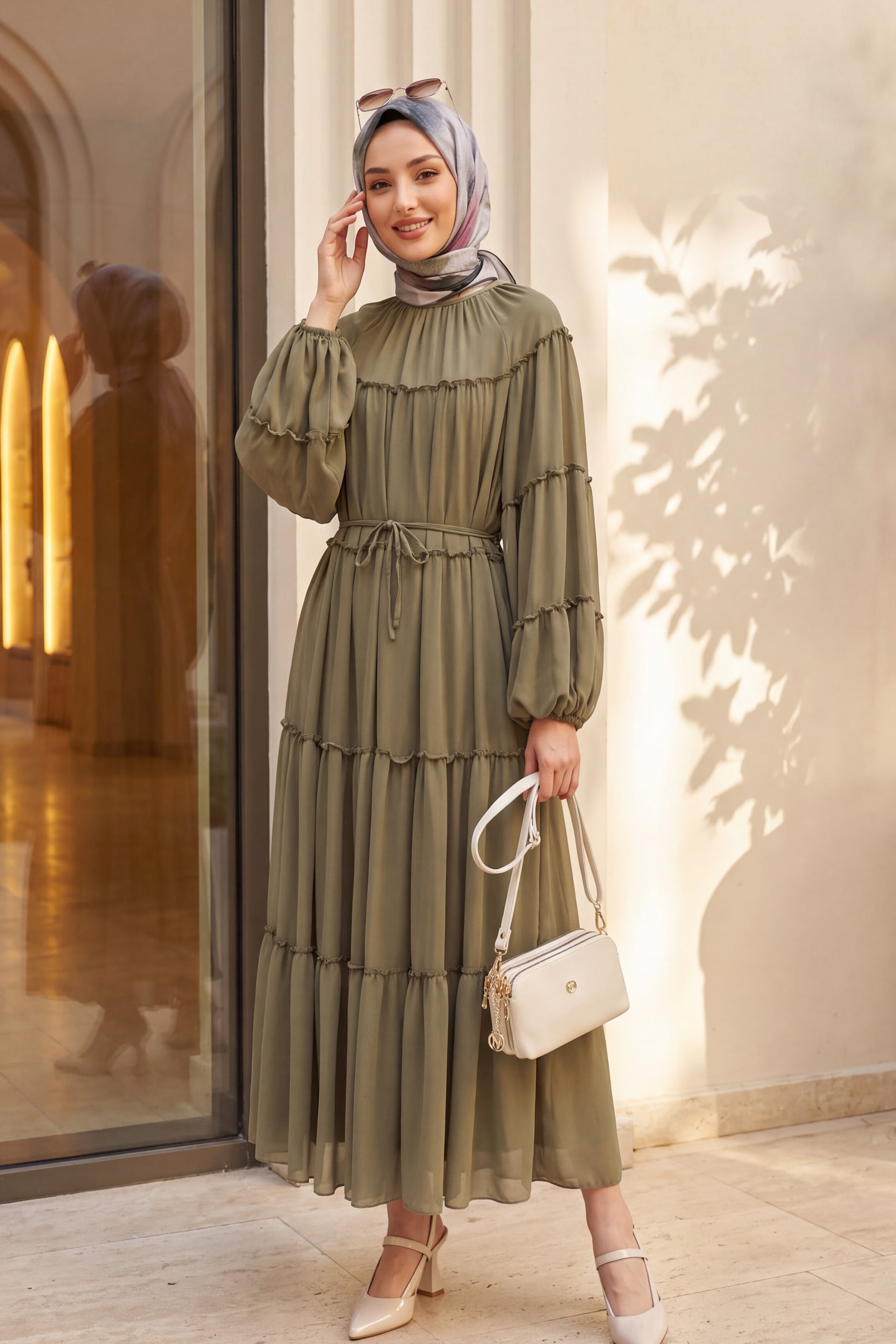 High Neck Tiered Ruffle Detail Dress with Tie Belt - Camouflage - Podyumplus - by Peralane