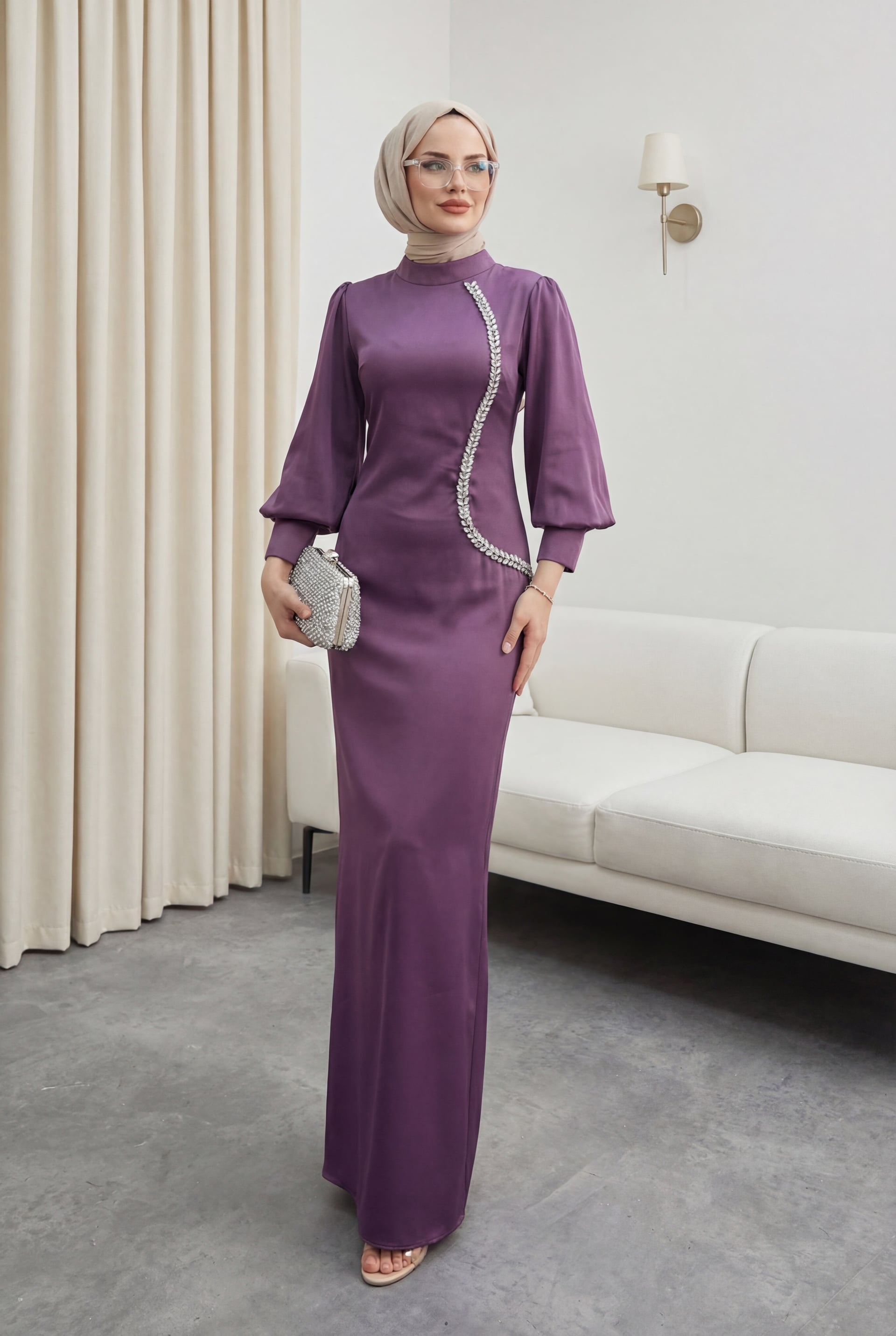 Satin Evening Dress with Rhinestone Trim and Balloon Sleeves - Lilac - Podyumplus - by Peralane