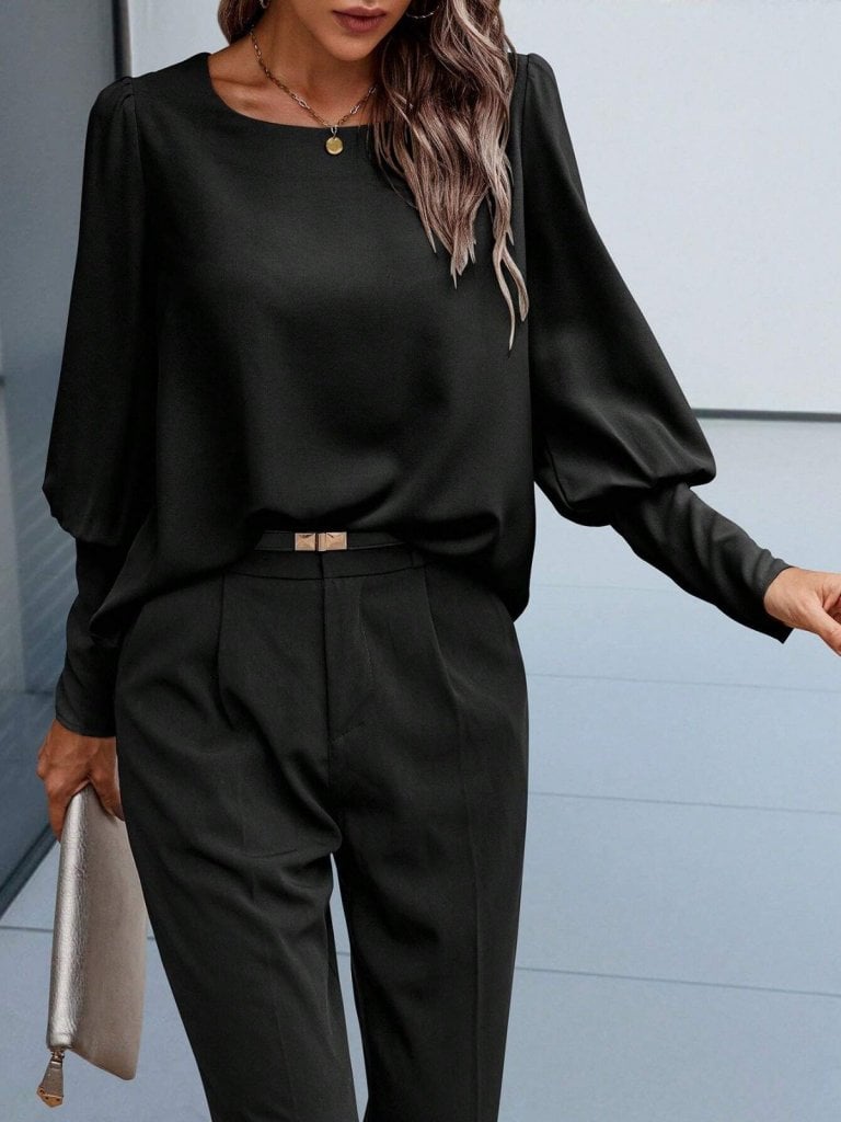 Women's Black Long-Sleeved Round Neck Crepe Blouse with Buttons - Janes - by Peralane - photo 6
