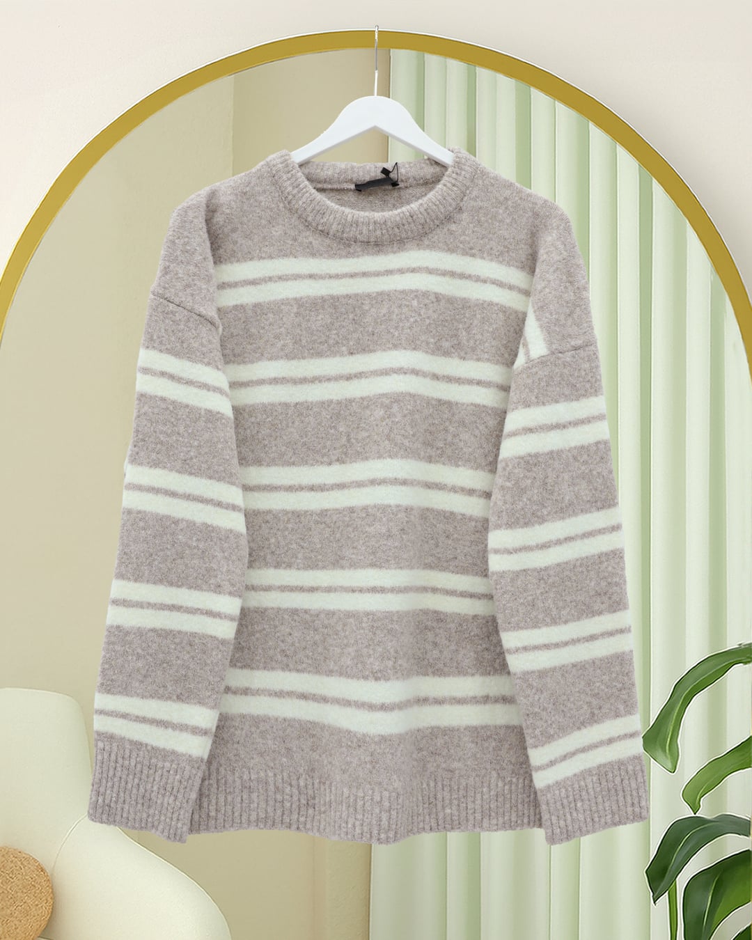Round Neck Striped Soft Knit Sweater - Light Taupe - Podyumplus - by Peralane - photo 3