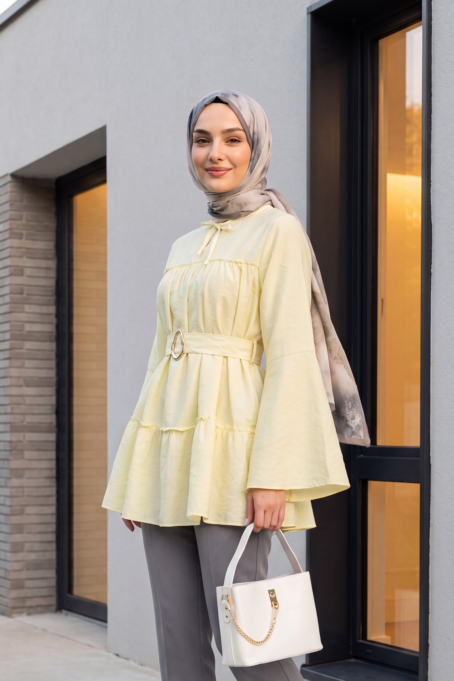 Yellow Tie-Neck Polyviscose Tunic with Belt and Tiered Hem - Podyumplus - by Peralane