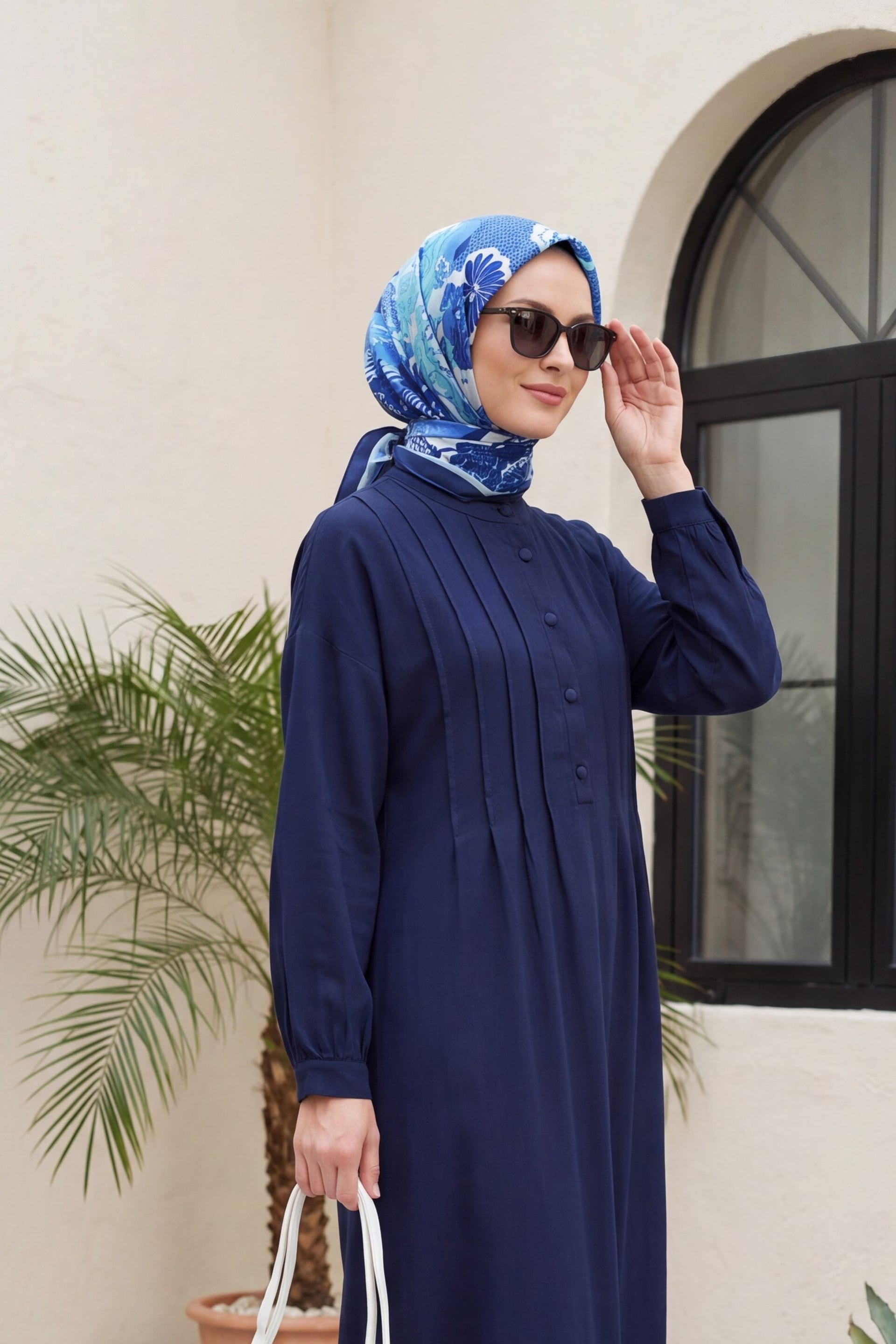 Navy Blue Half Button Muslin Dress with Ribbed Front - Podyumplus - by Peralane - photo 3