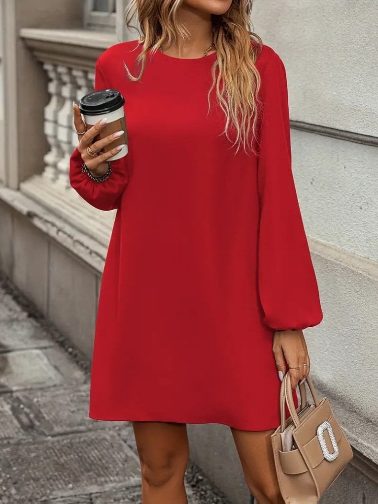 Women's Long-Sleeved Round Neck Mini Crepe Dress in Red - Janes - by Peralane - photo 3