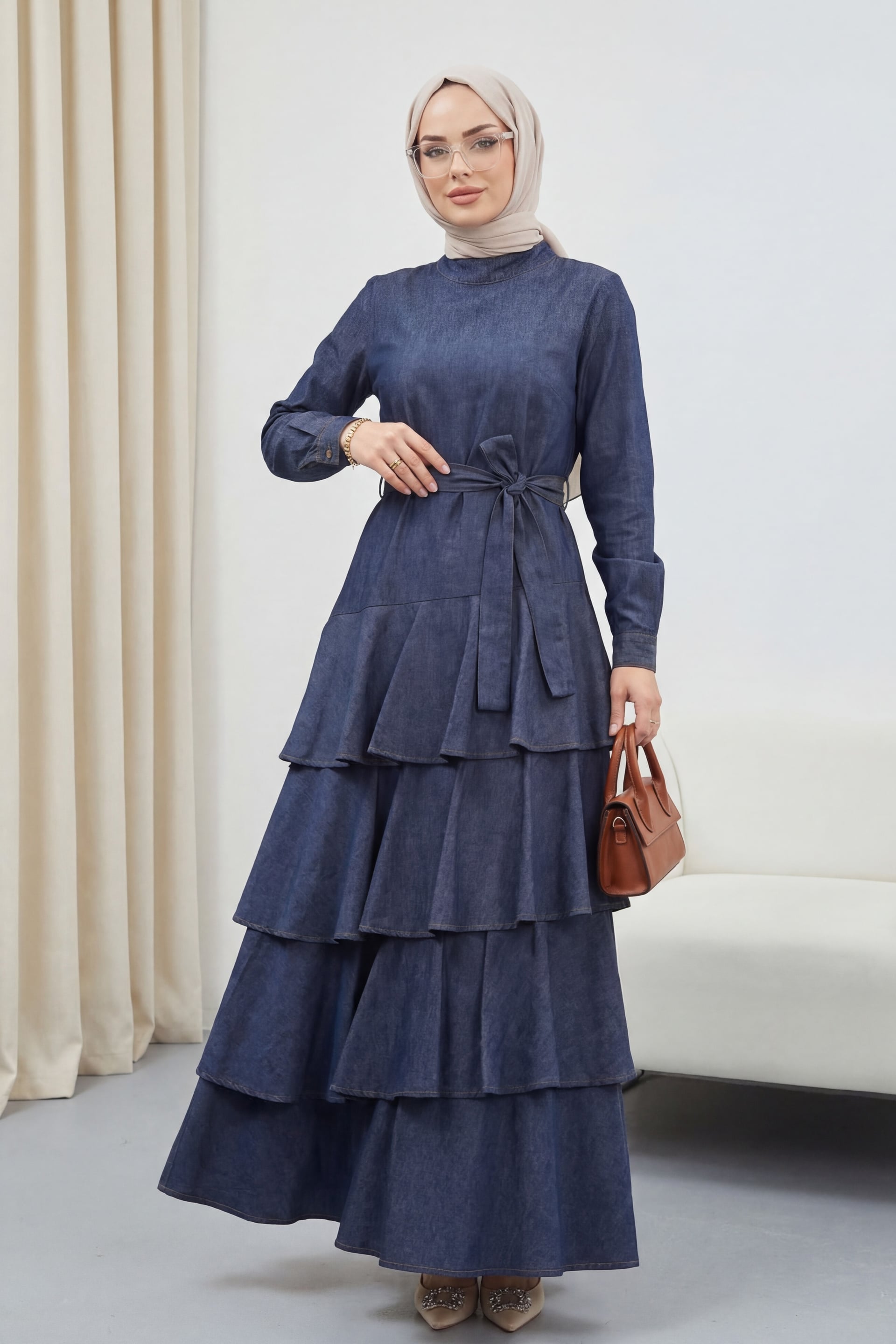 Tiered Denim Dress with Belt - Smoke - Podyumplus - by Peralane