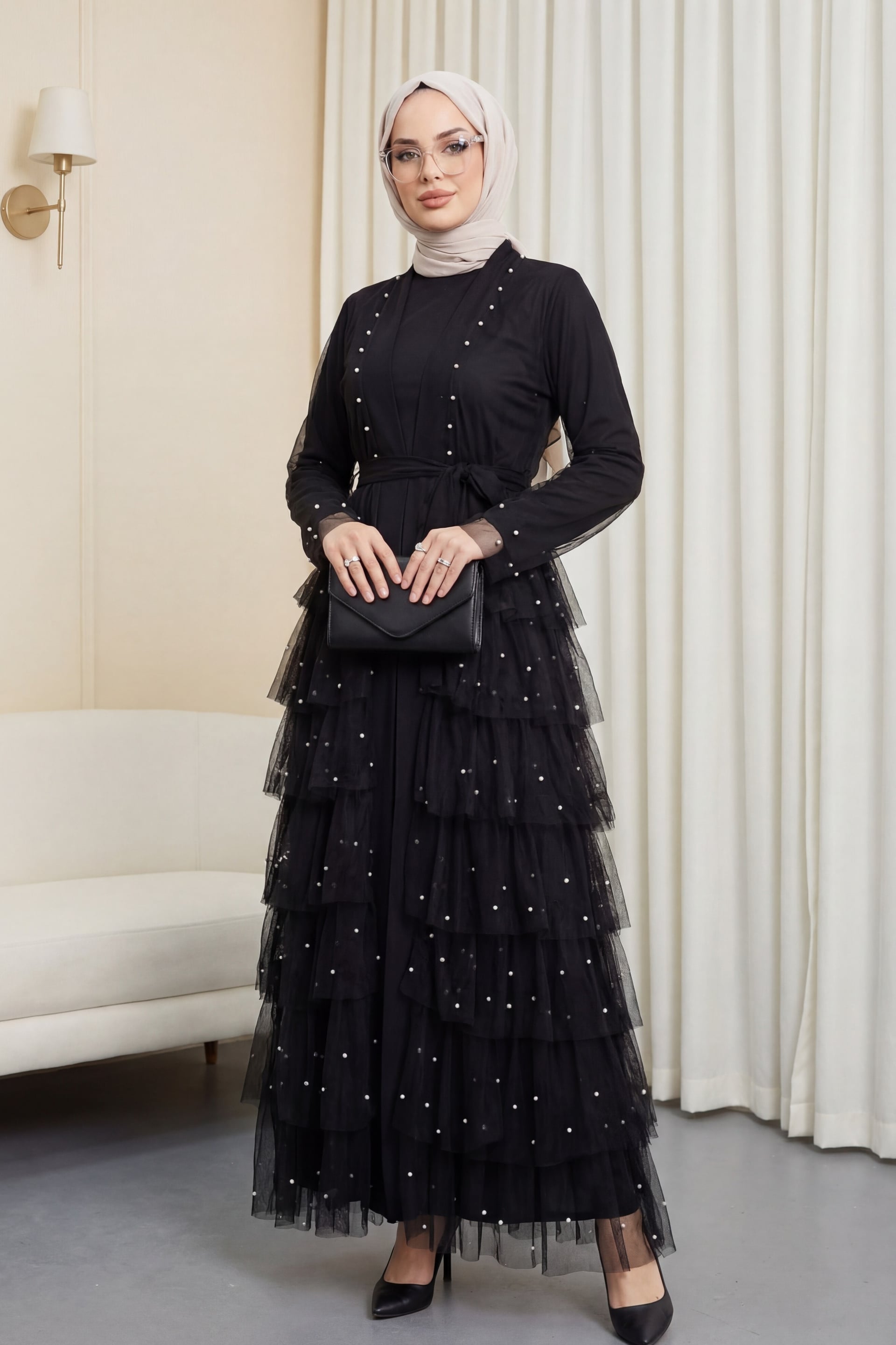 Layered Pearl-Embellished Tulle Abaya Set - Black - Podyumplus - by Peralane - photo 3