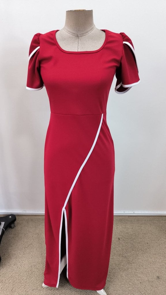 Women's Red Square Neck Short Sleeve Crepe Maxi Dress with Diagonal Seam Detail - Janes - by Peralane - photo 4