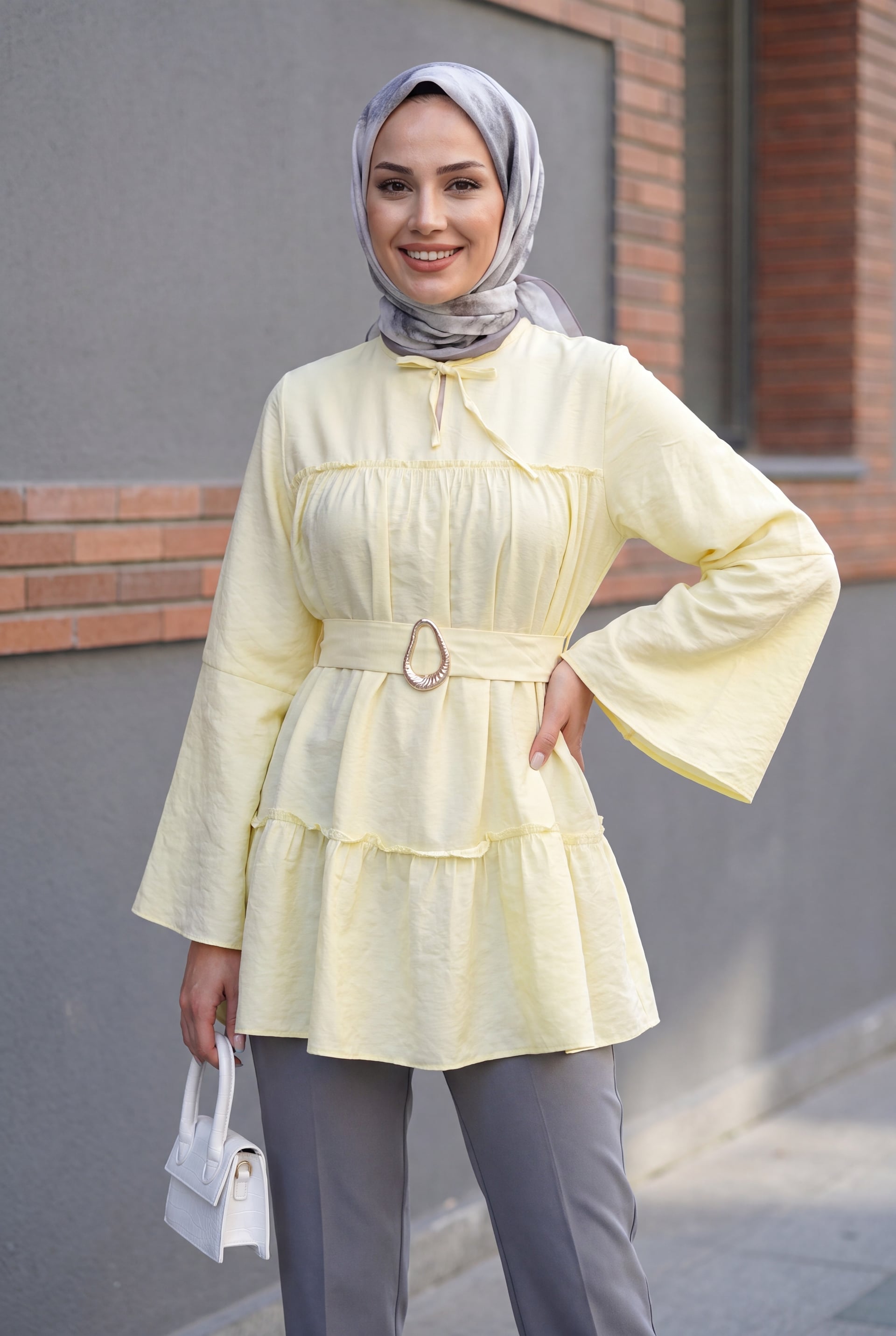 Yellow Tie-Neck Polyviscose Tunic with Belt and Tiered Hem - Podyumplus - by Peralane - photo 6