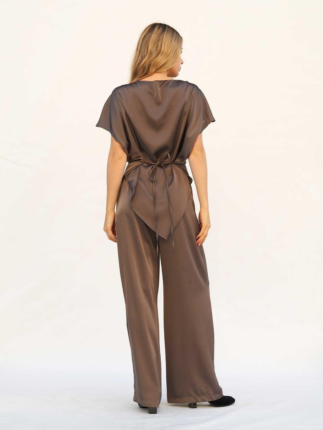 Lace Collar Asymmetric Satin Blouse and Trousers Set - Lefon - by Peralane - photo 3