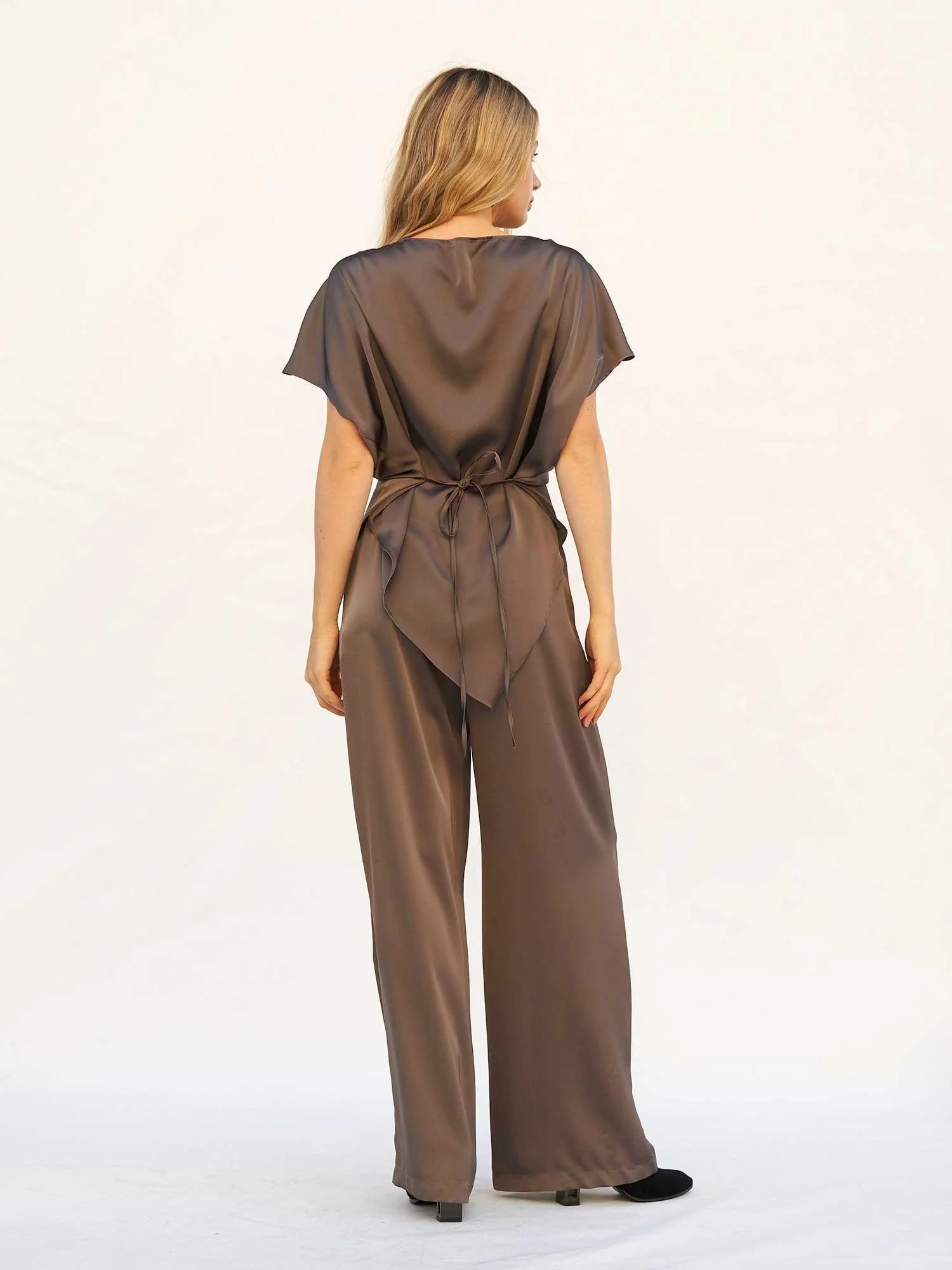 Lace Collar Asymmetric Satin Blouse and Trousers Set - Lefon - by Peralane - photo 3