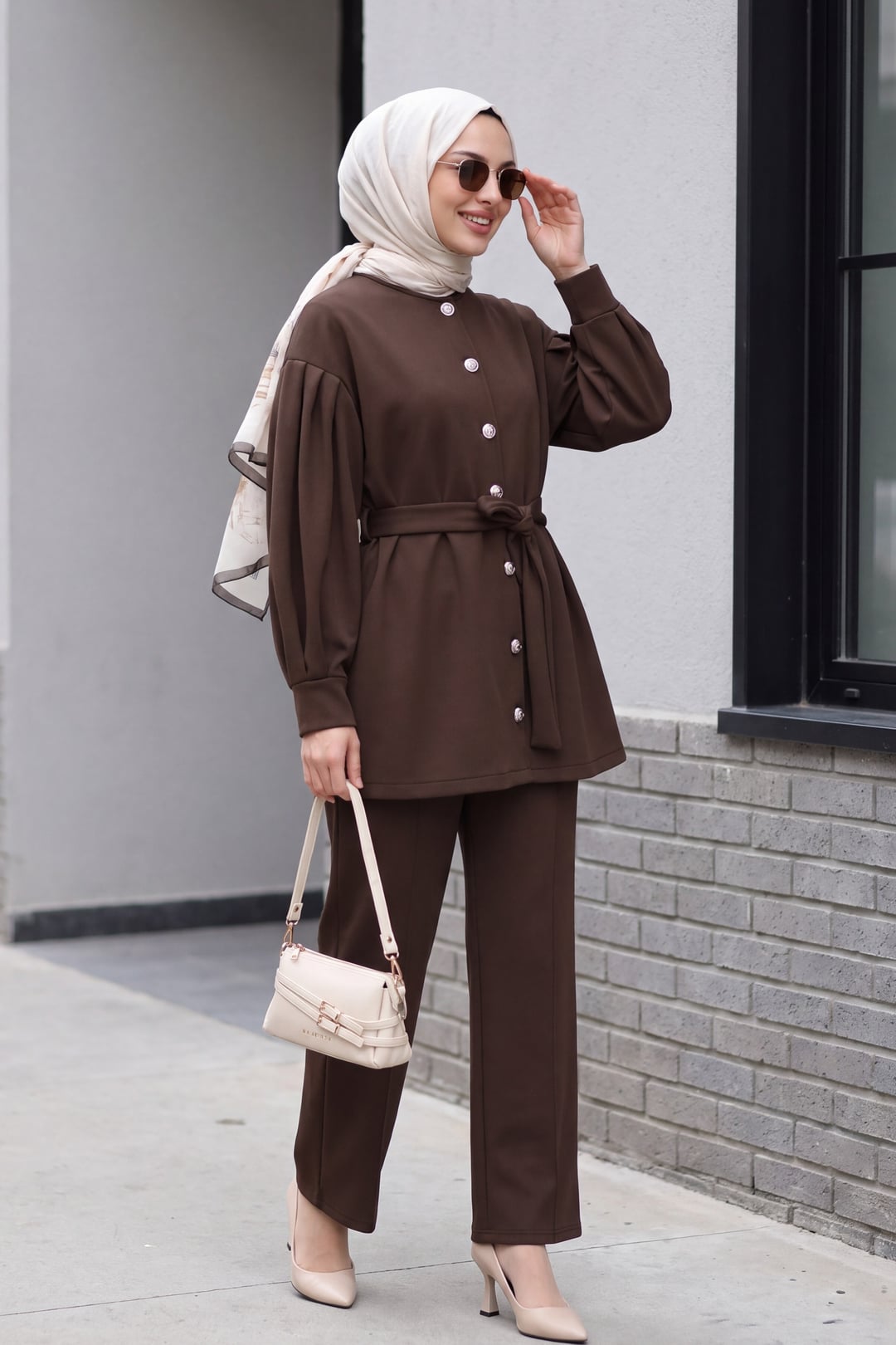 Belted Button-Front Scuba Tunic and Wide-Leg Trousers Set - Brown - Podyumplus - by Peralane - photo 3
