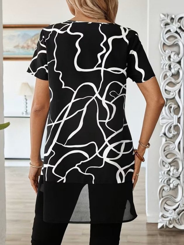 Women's Short Sleeve Bike Neck Patterned Top with Asymmetric Tulle Detail - Janes - by Peralane - photo 2