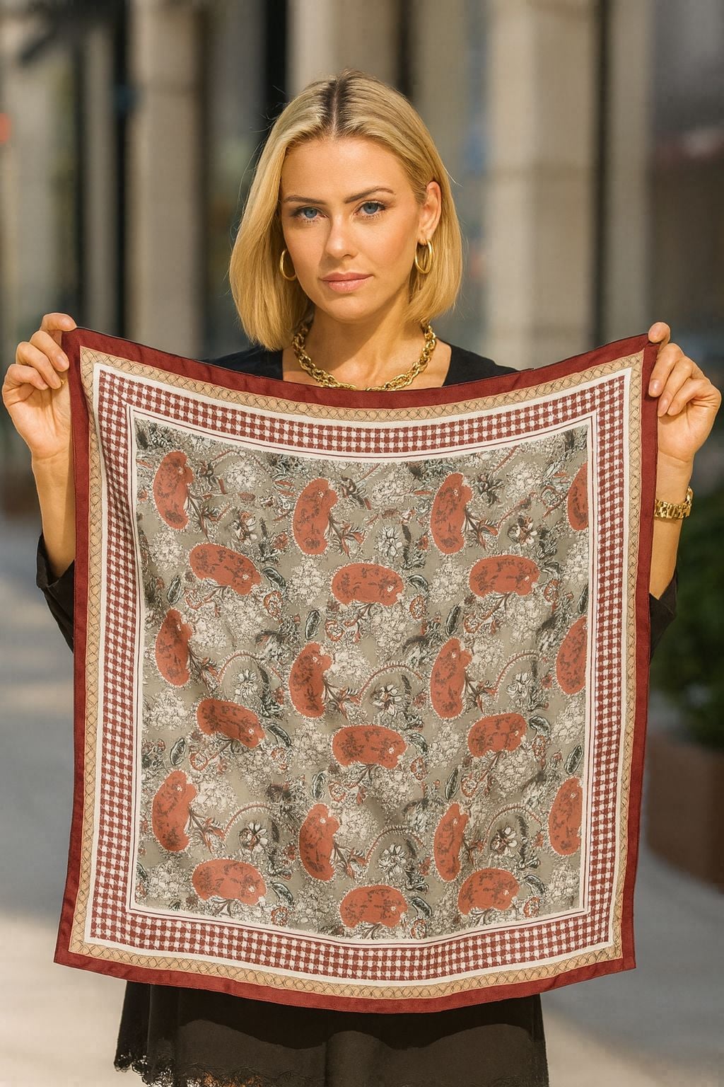 Women's Red Paisley Printed Double-Sided Bandana Scarf 70x70 cm - Pack of 4 - Nesvay - by Peralane