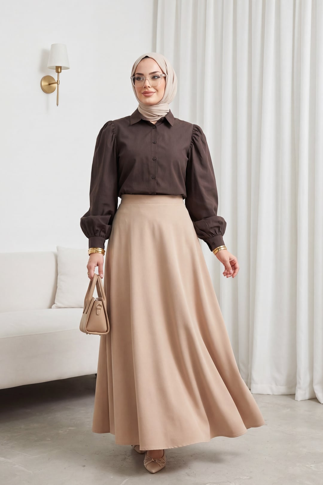 Balloon Sleeve Buttoned Short Poplin Shirt - Dark Brown - Podyumplus - by Peralane - photo 2