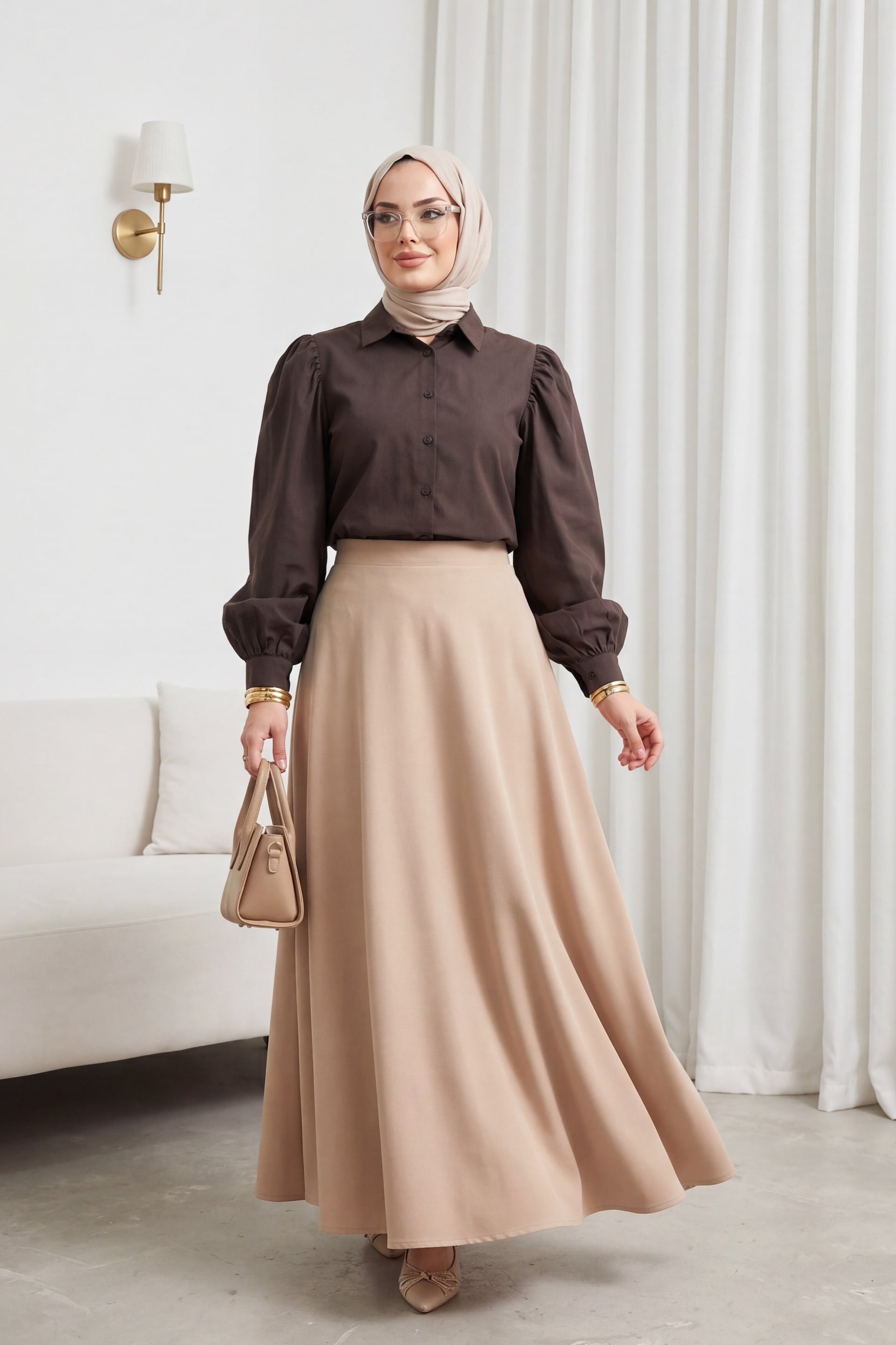 Balloon Sleeve Buttoned Short Poplin Shirt - Dark Brown - Podyumplus - by Peralane - photo 2