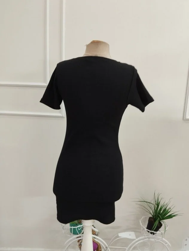 Black Ribbed Knit Short-Sleeve Dress with Button Placket - Janes - by Peralane - photo 6