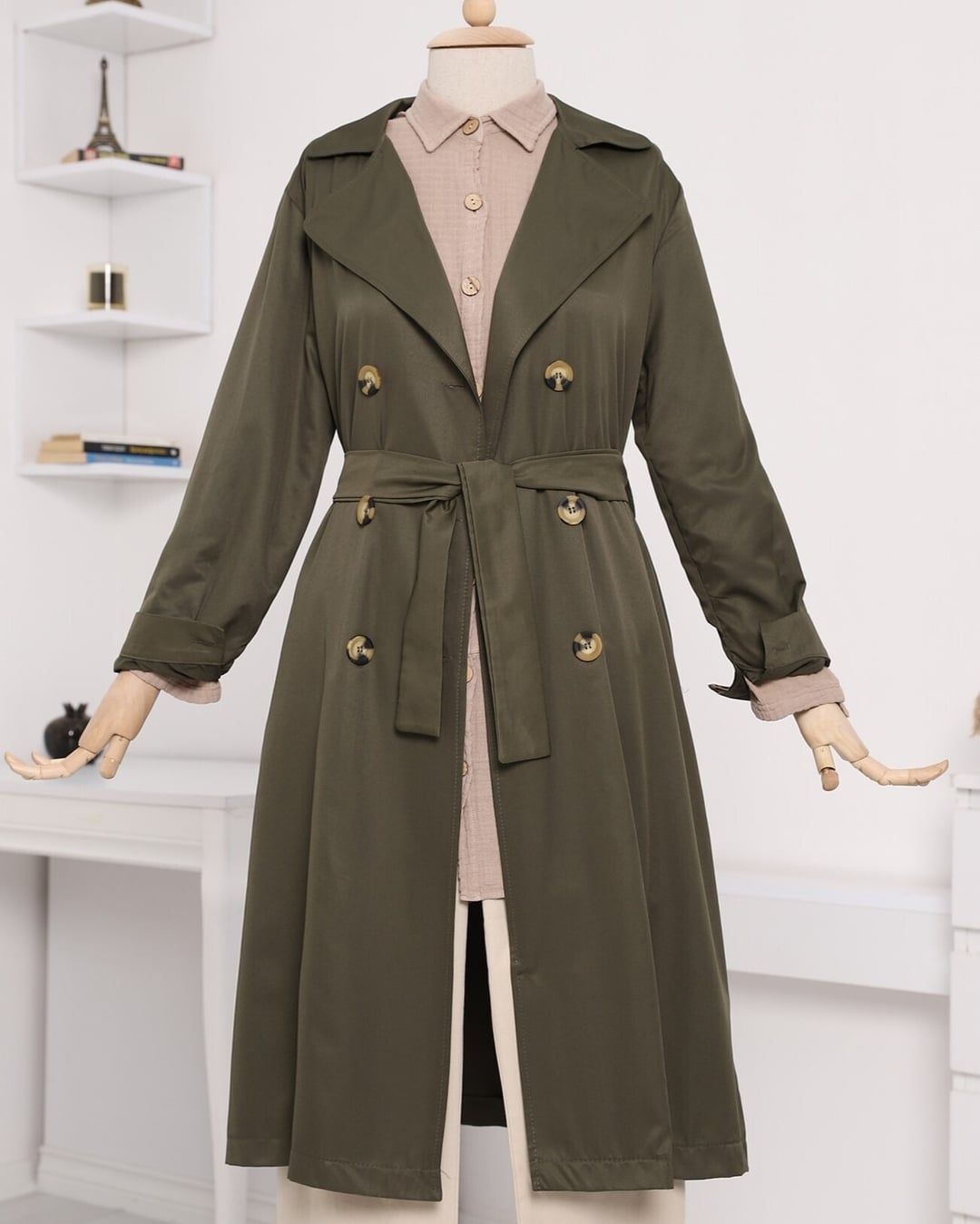 Double-Breasted Belted Long Trench Coat in Olive Green - Podyumplus - by Peralane