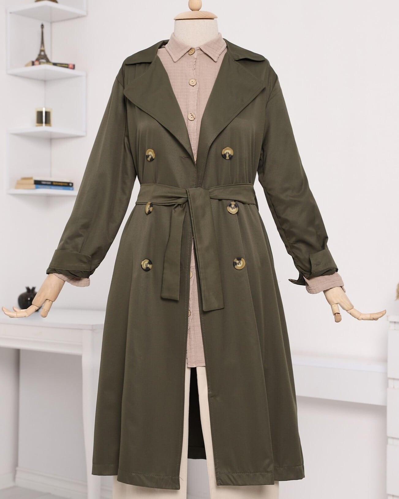 Double-Breasted Belted Long Trench Coat in Olive Green - Podyumplus - by Peralane