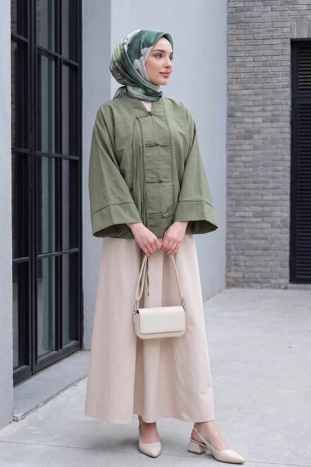 Chinese Knot Closure Mandarin Collar Parachute Kimono - Olive Green - Podyumplus - by Peralane - photo 3