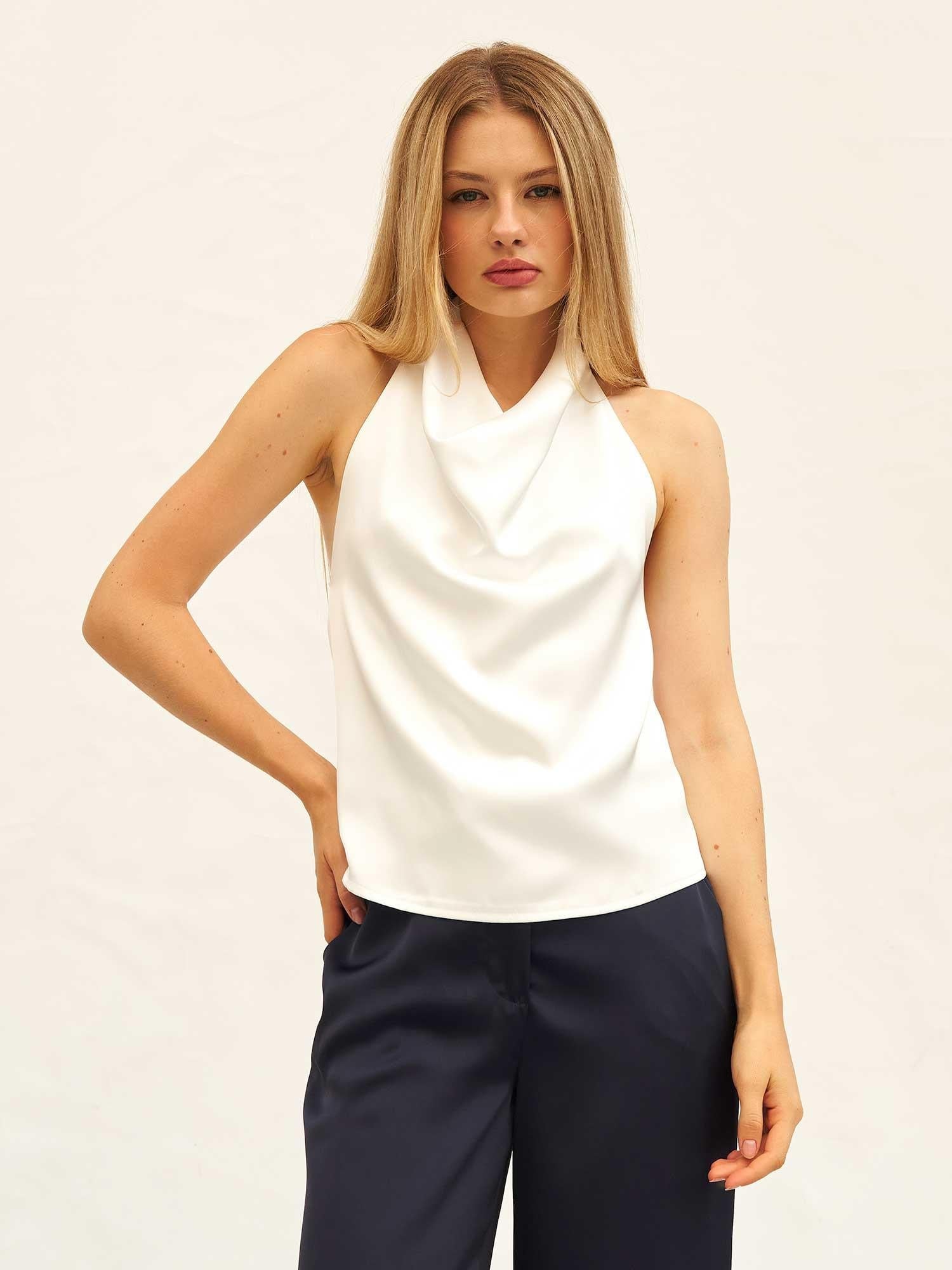 Sleeveless Cowl Neck Satin Blouse in Ecru - Lefon - by Peralane