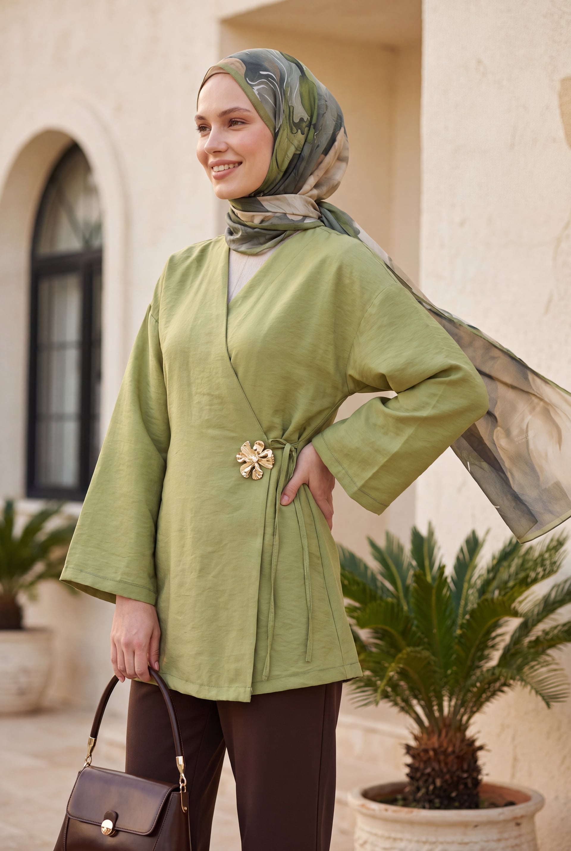 Side Tie Wrap Modal Tunic - Olive Green - Podyumplus - by Peralane