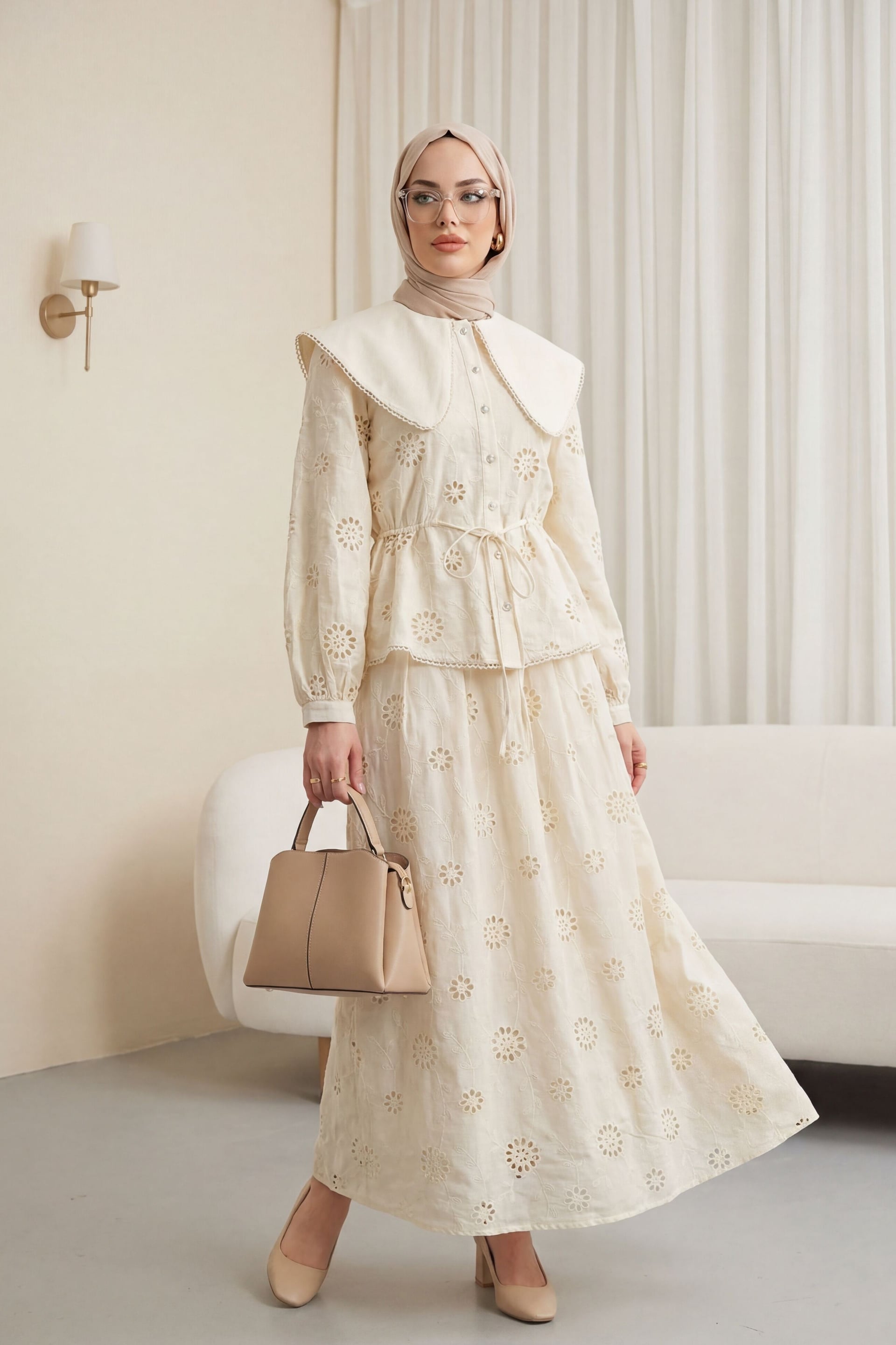 Cream Floral Eyelet Two-Piece Set with Blouse and Skirt - Podyumplus - by Peralane - photo 2