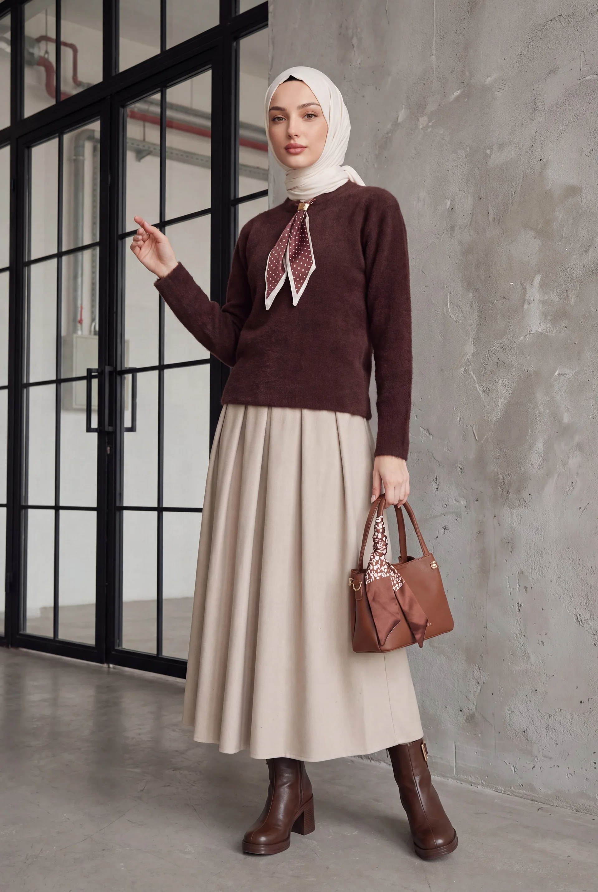 Women's Oversized Sweater with Scarf Detail - Brown - Bigdart - by Peralane - photo 6