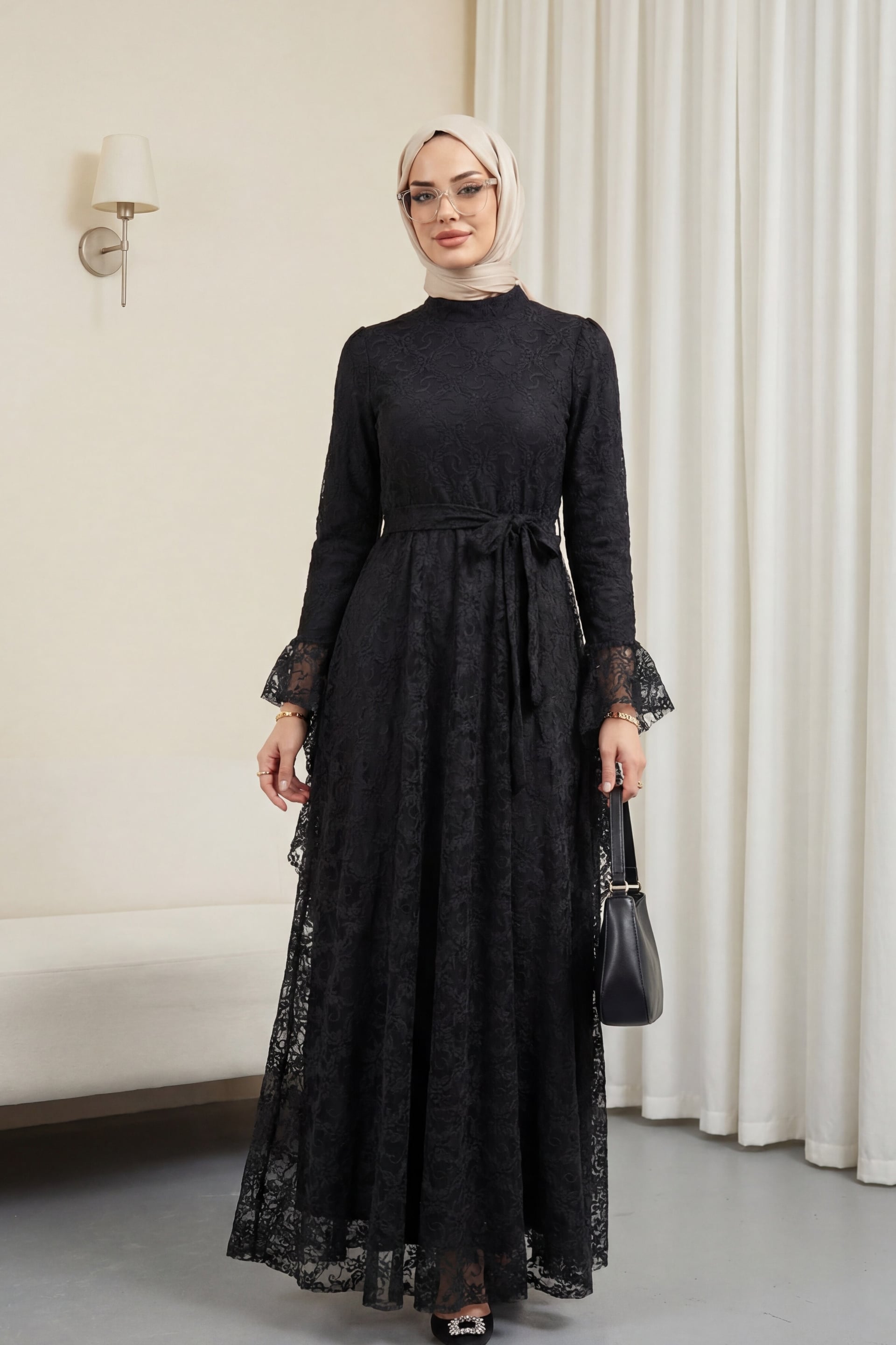 Floral Lace Long Sleeve Belted Lined Dress - Black - Podyumplus - by Peralane