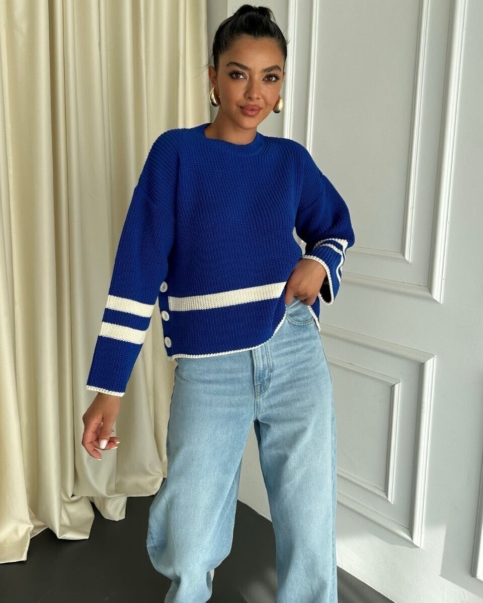 Women's Royal Blue Striped Knit Sweater with Button Side Details - Saks - Podyumplus - by Peralane - photo 5