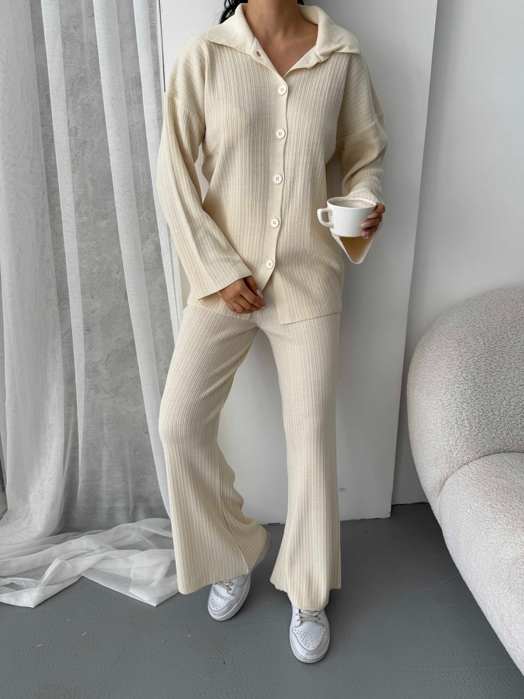 Women's Cream Ribbed Knit Lounge Set with Cardigan and Trousers - My Bee - by Peralane