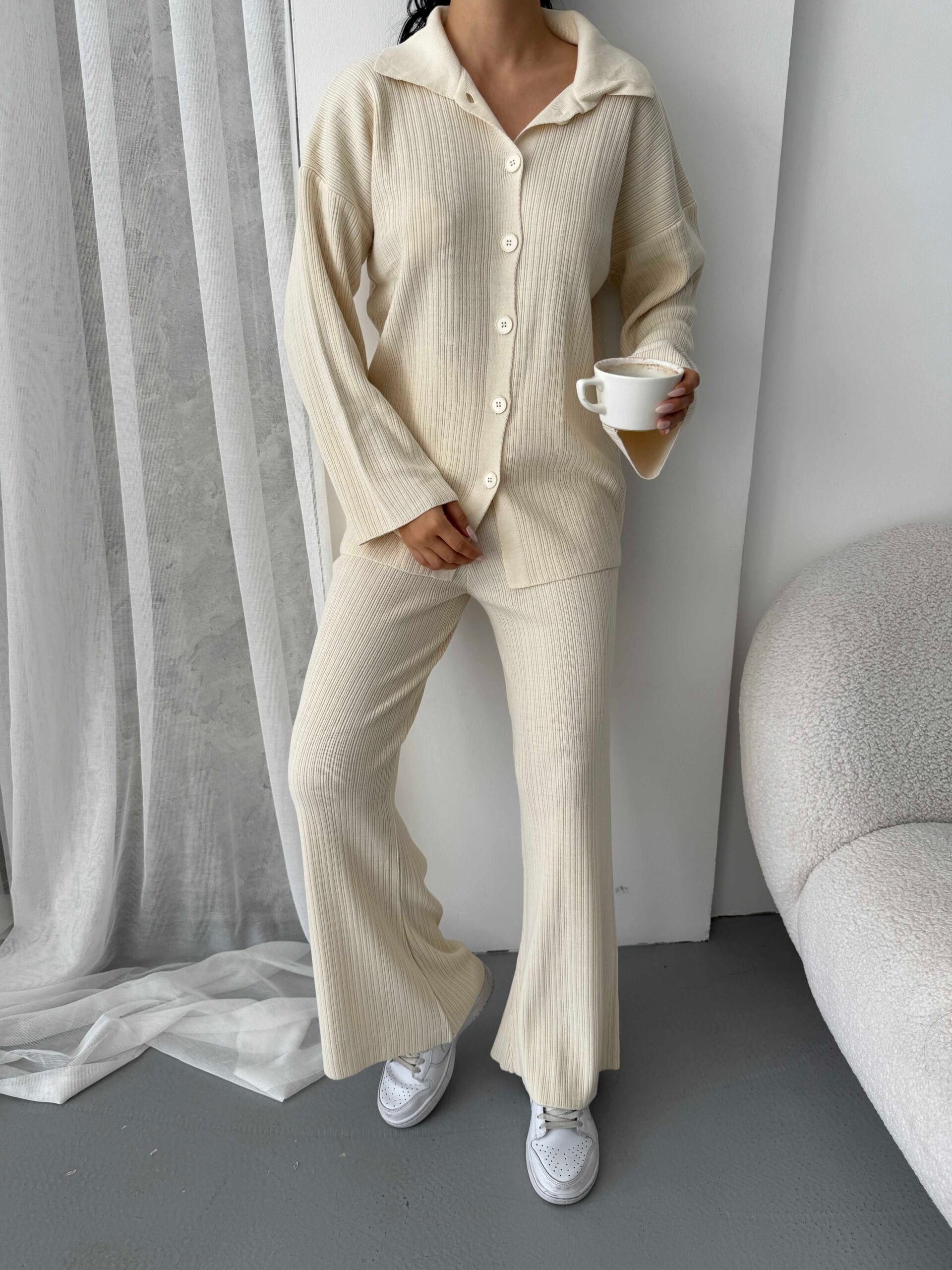 Women's Cream Ribbed Knit Lounge Set with Cardigan and Trousers - My Bee - by Peralane