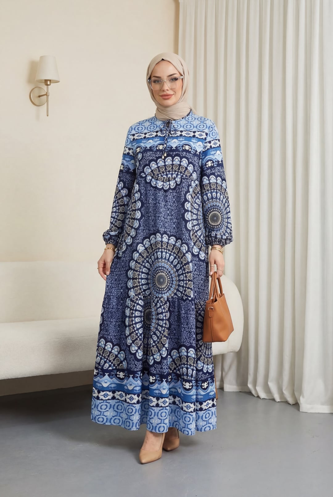 Tie-Neck Patterned Maxi Dress in Navy - Podyumplus - by Peralane