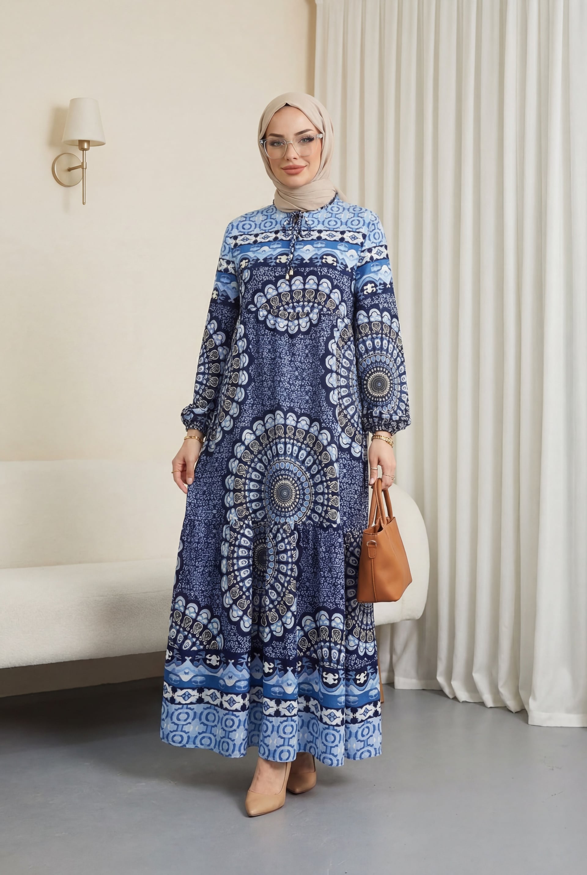 Tie-Neck Patterned Maxi Dress in Navy - Podyumplus - by Peralane