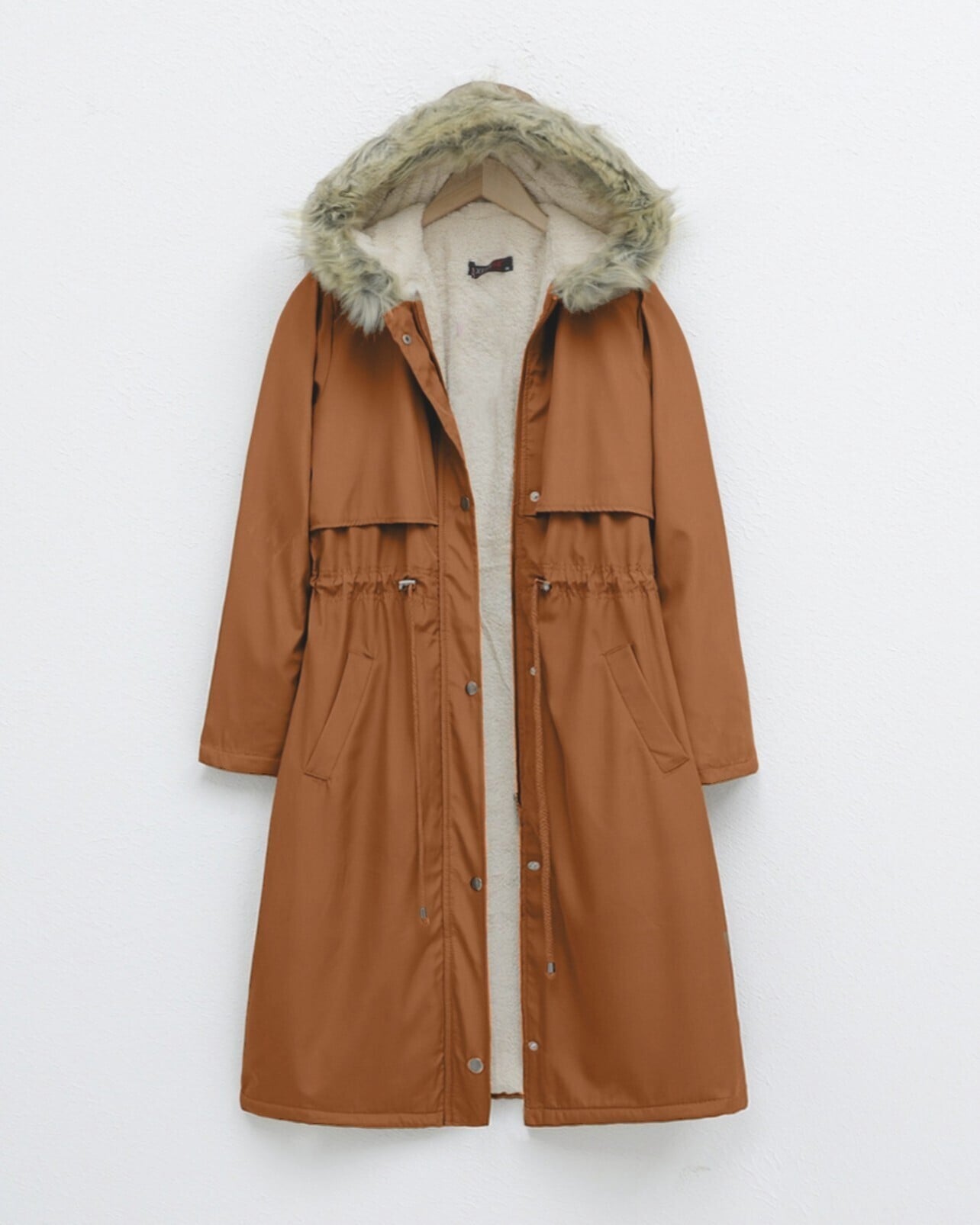 Long Hooded Jacket with Drawstring Waist and Faux Fur Lining - Mustard - Podyumplus - by Peralane - photo 4