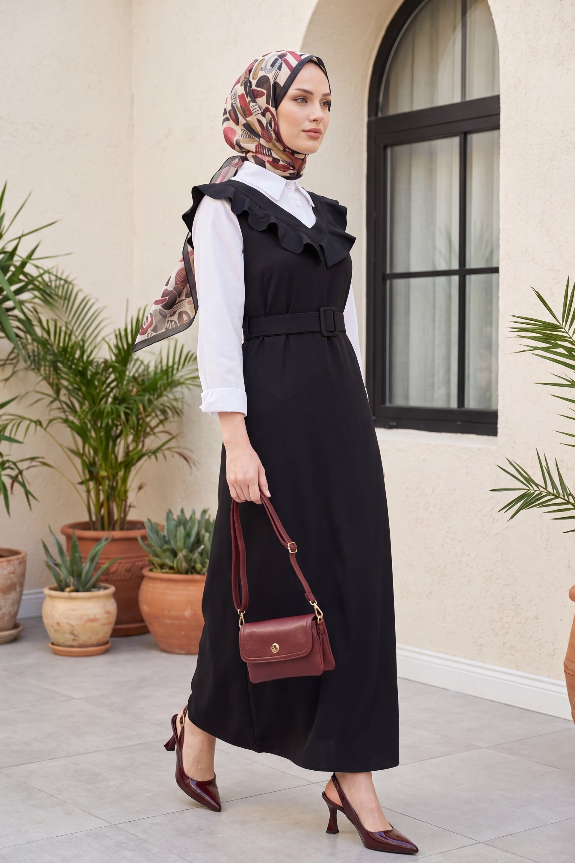 Black V-Neck Ruffle Trim Belted Midi Dress - Podyumplus - by Peralane - photo 2