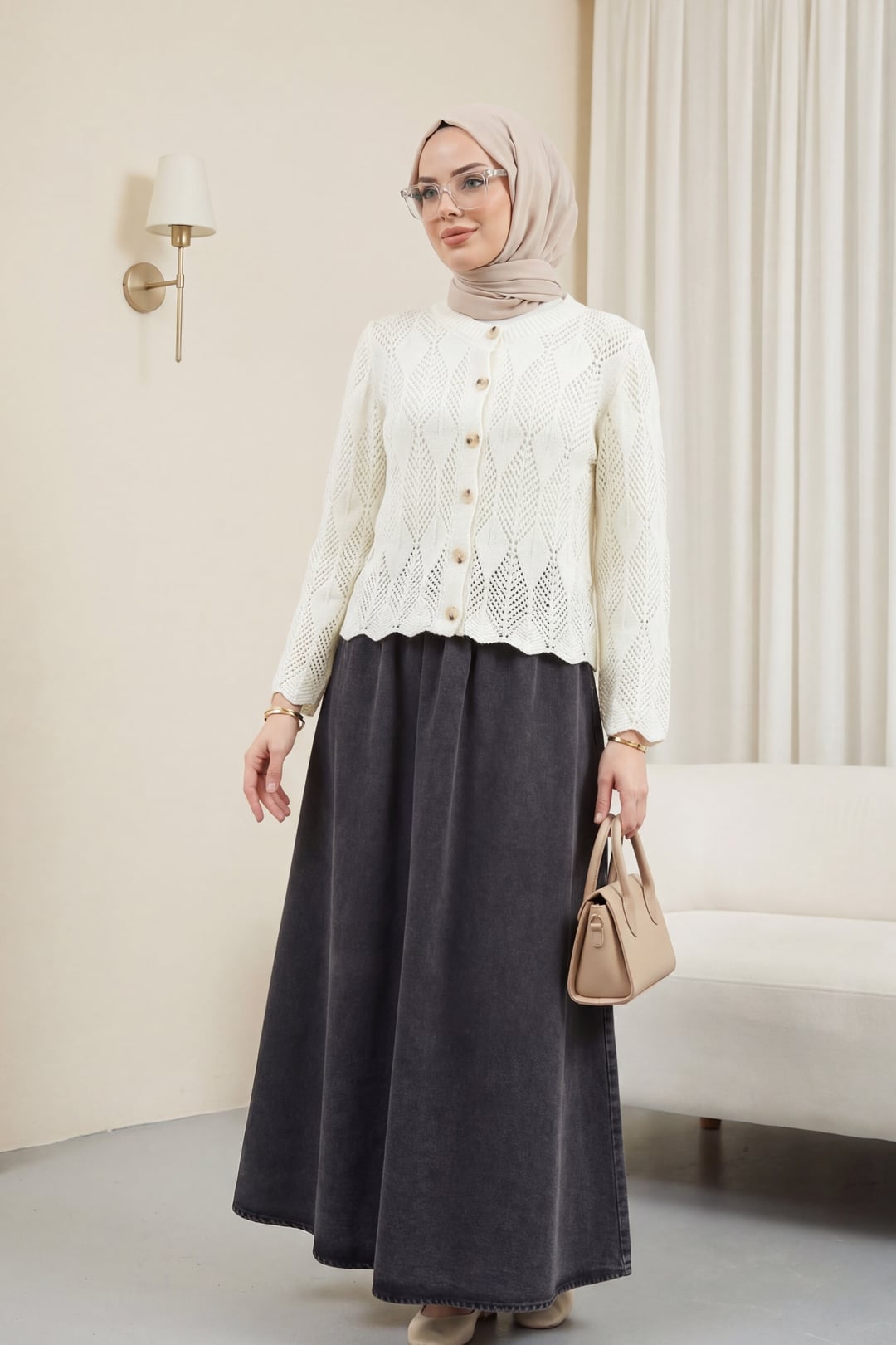 Leaf Pattern Open-Knit Cardigan - Off-White - Podyumplus - by Peralane - photo 2