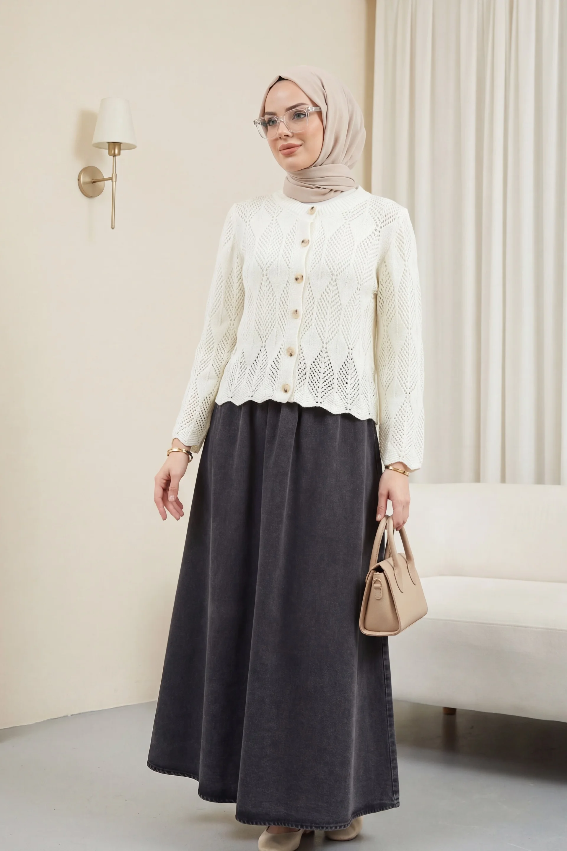 Leaf Pattern Open-Knit Cardigan - Off-White - Podyumplus - by Peralane - photo 2