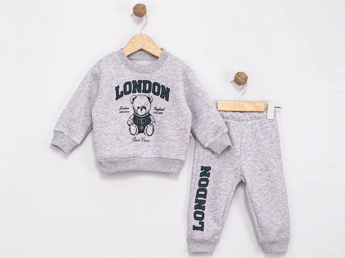 Boys' Teddy Bear Print Fleece Sweatshirt and Trousers Set in Grey Marl - Pack of 4 - Feely Kids - by Peralane