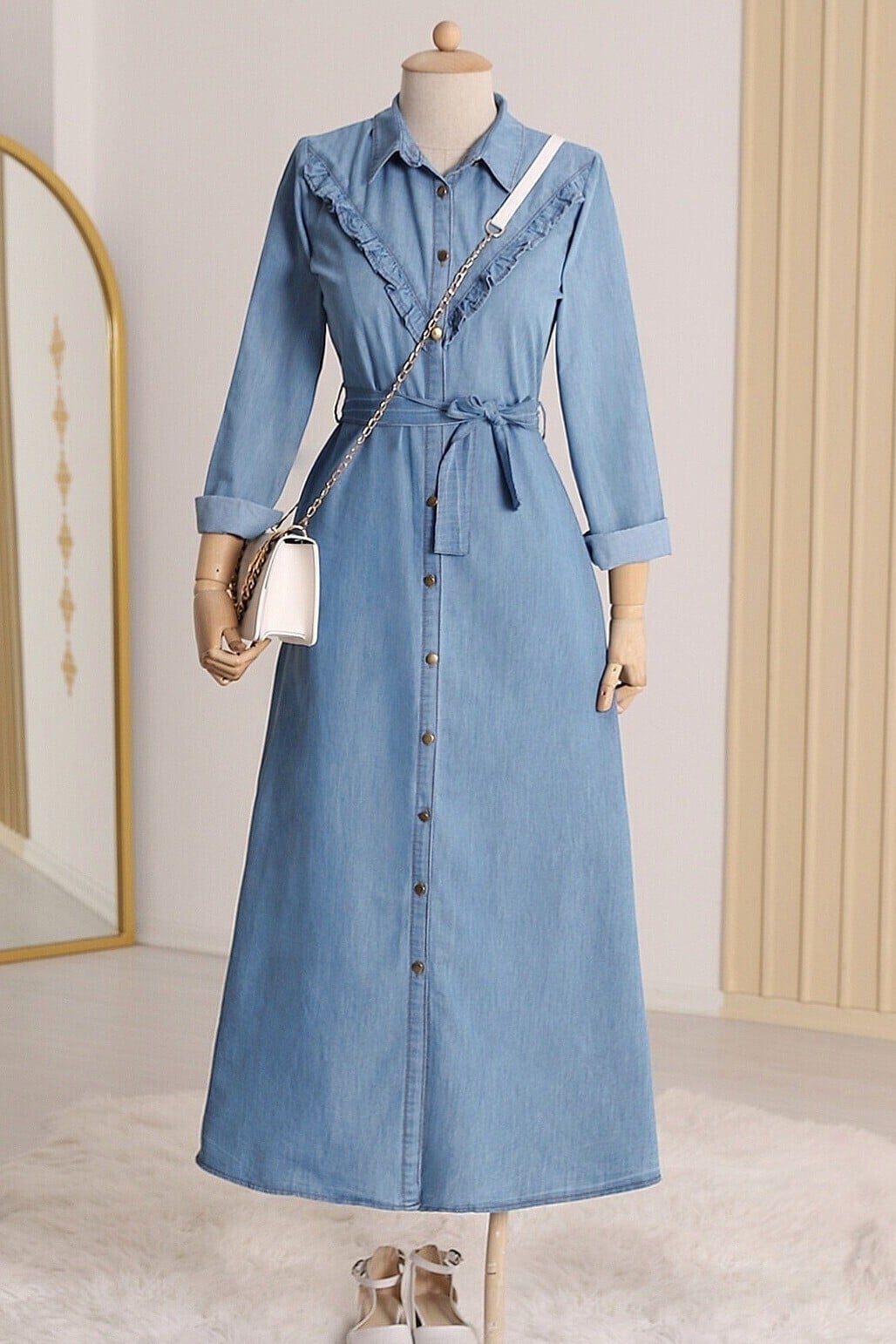 Blue Denim Dress with Full Front Buttons and Tie Belt - Podyumplus - by Peralane