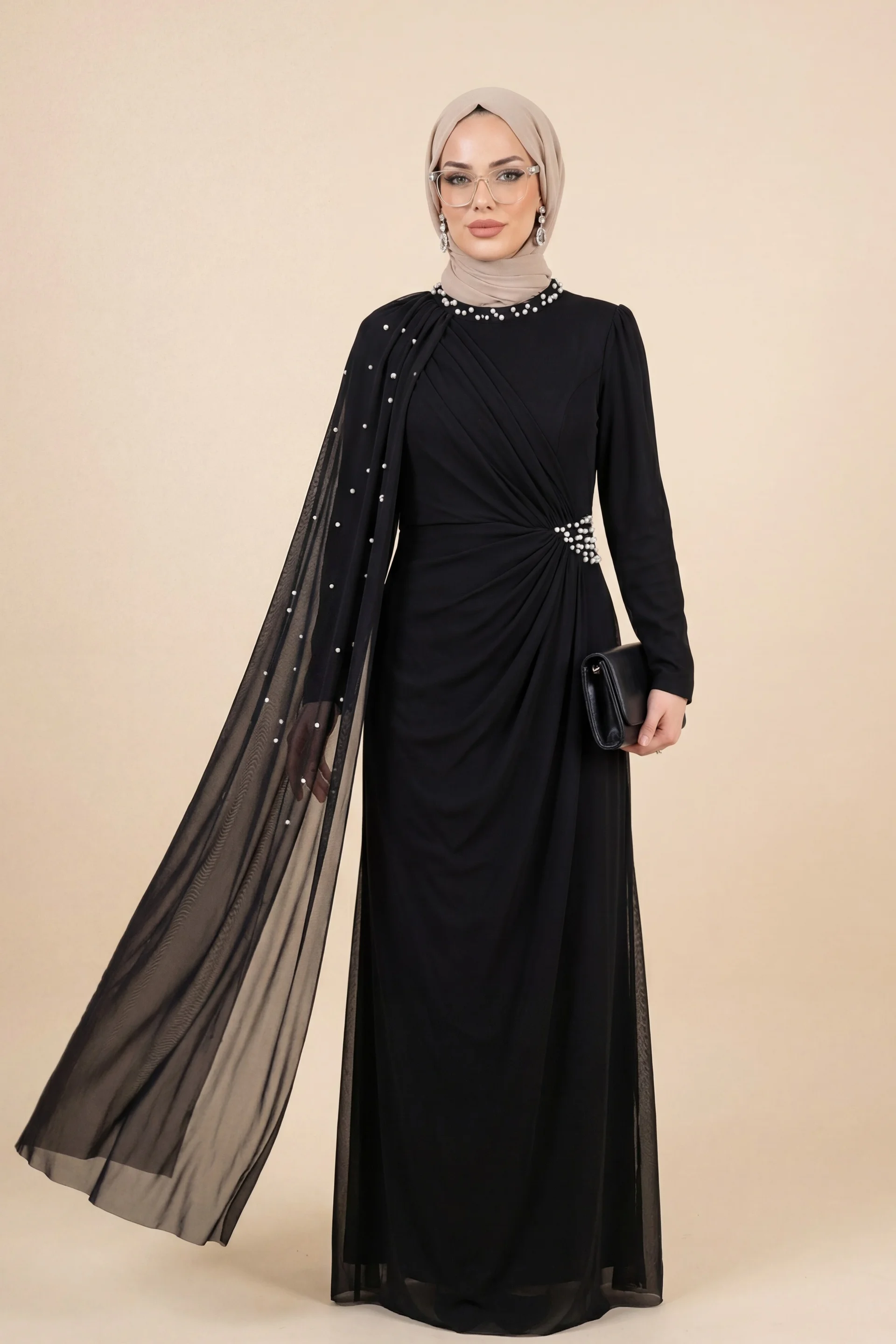 Black Pearl Detail Tulle Cape High Collar Evening Dress - Podyumplus - by Peralane - photo 2