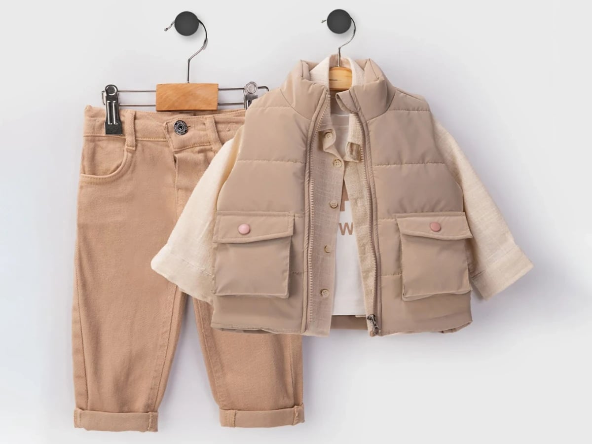 Boys' Zip Puffer Vest, Shirt, and Trousers 4-Piece Set (Tan) - Beyaz Bebek - by Peralane