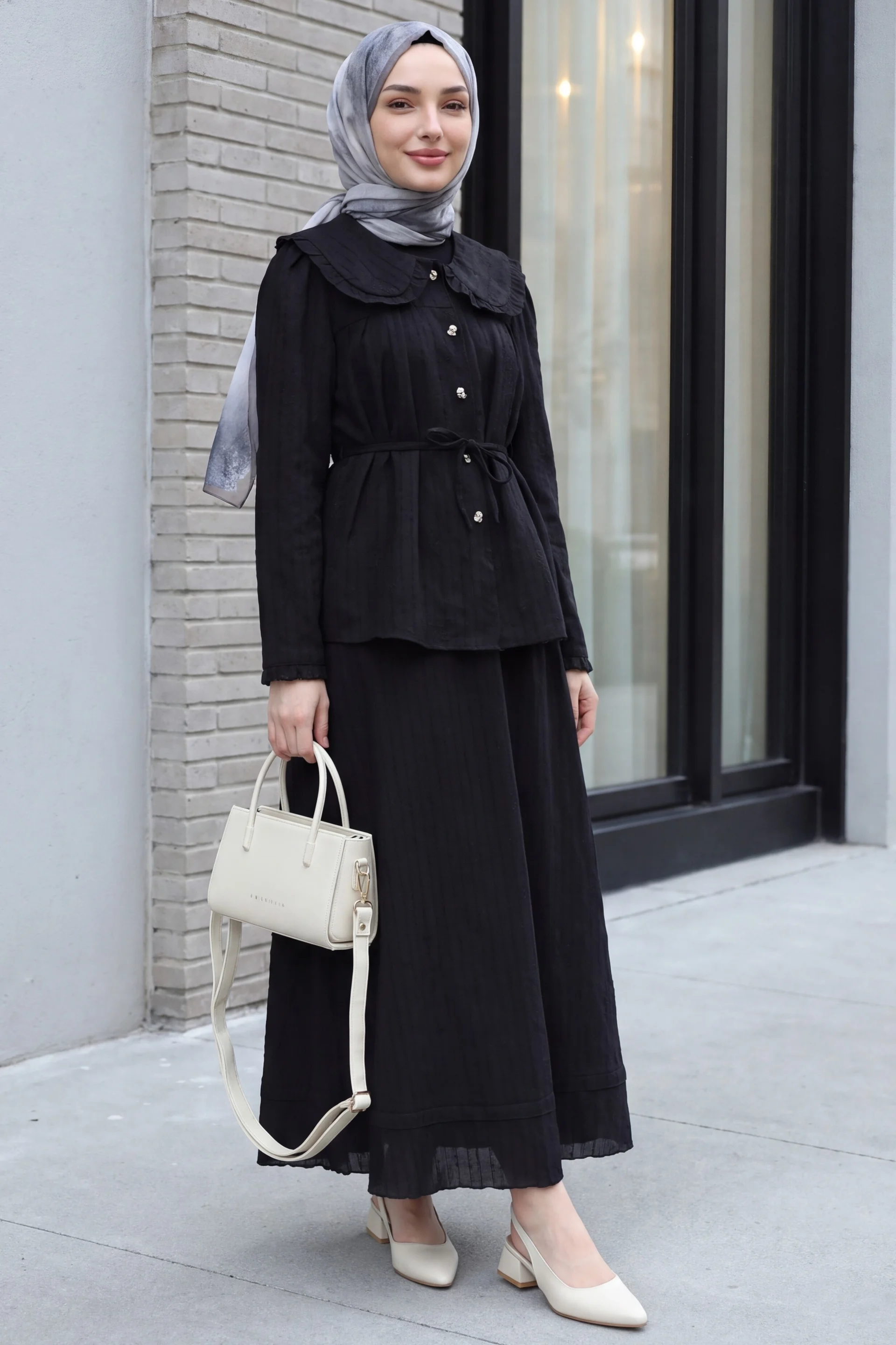 Black Baby Collar Lace-Up Buttoned Skirted Lined Linen Look Set for Women - Podyumplus - by Peralane - photo 3