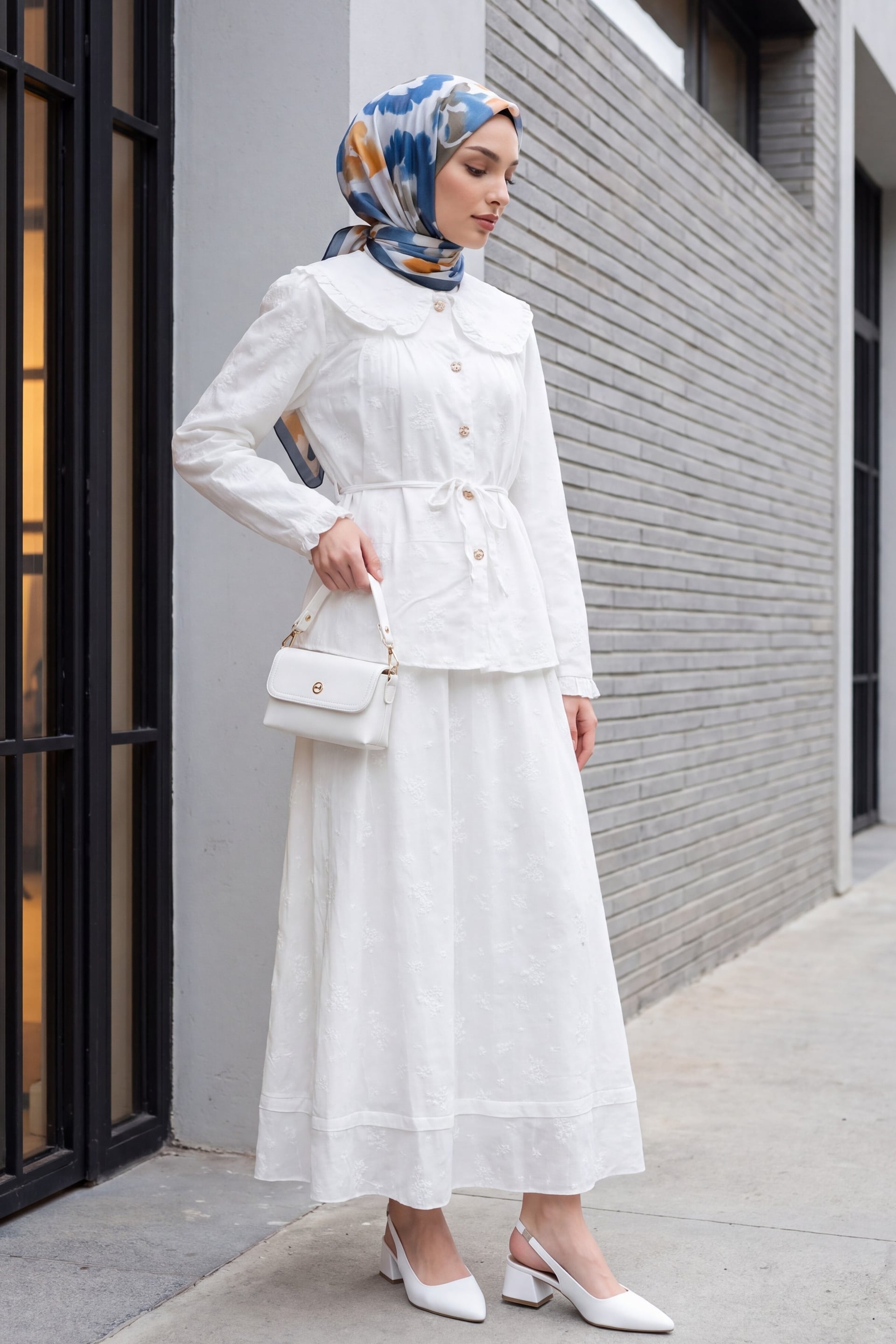 Women's White Linen Look Two-Piece Set with Peter Pan Collar and Long Skirt - Podyumplus - by Peralane - photo 2