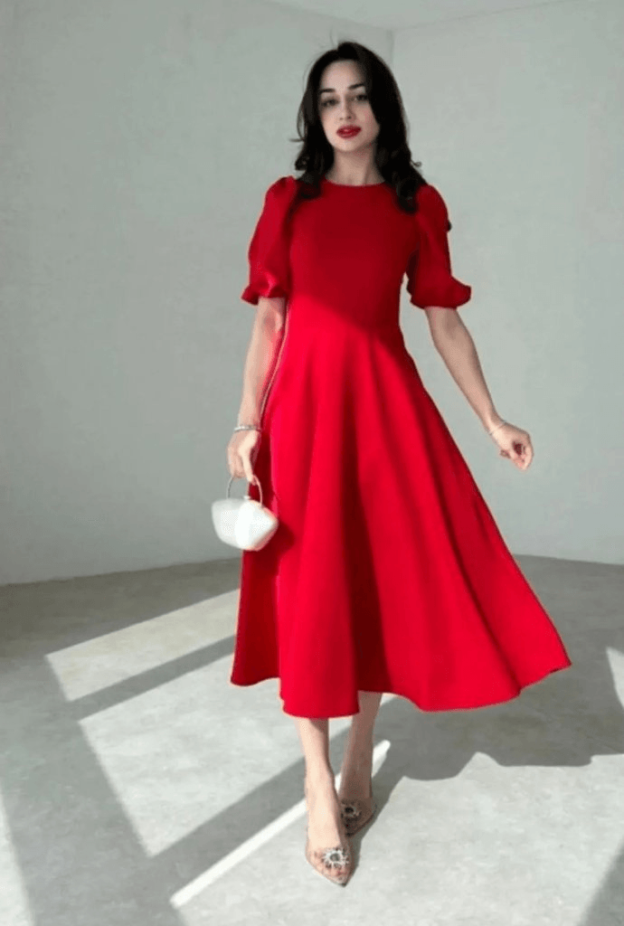 Women's Short Puff Sleeve Crew Neck Flared Crepe Dress in Red - Janes - by Peralane