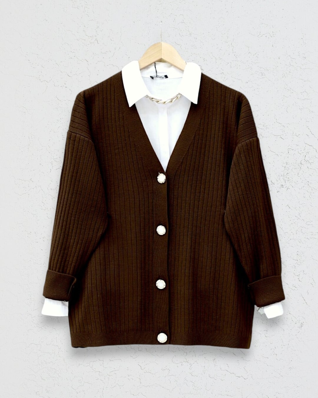 Brown Ribbed Knit Button Cardigan - Podyumplus - by Peralane - photo 3