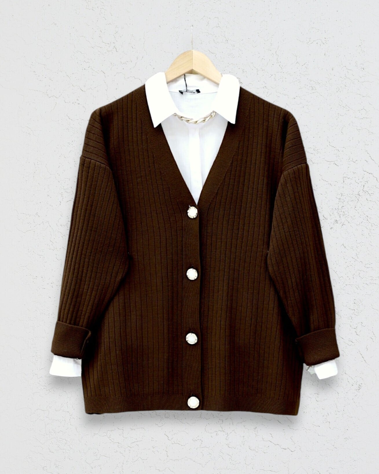 Brown Ribbed Knit Button Cardigan - Podyumplus - by Peralane - photo 3