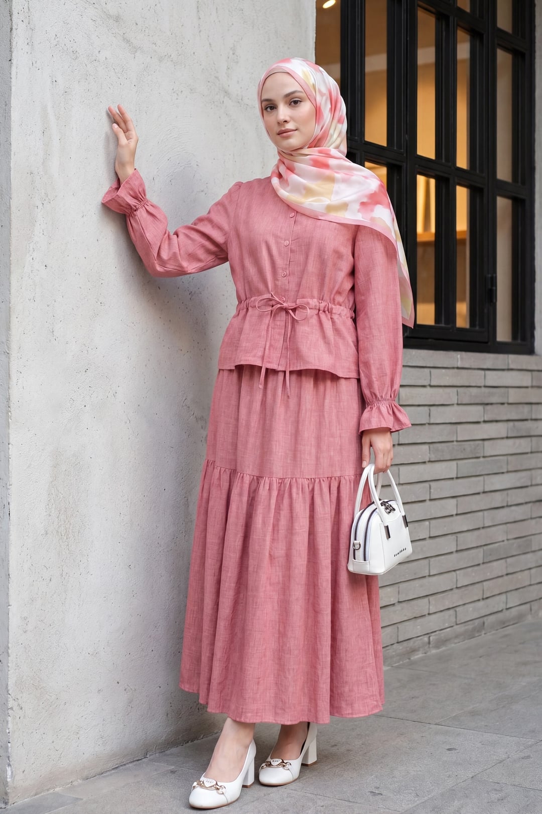 Front Button Tunnel Drawstring Linen Look Two-Piece Set - Pomegranate Flower - Podyumplus - by Peralane - photo 3