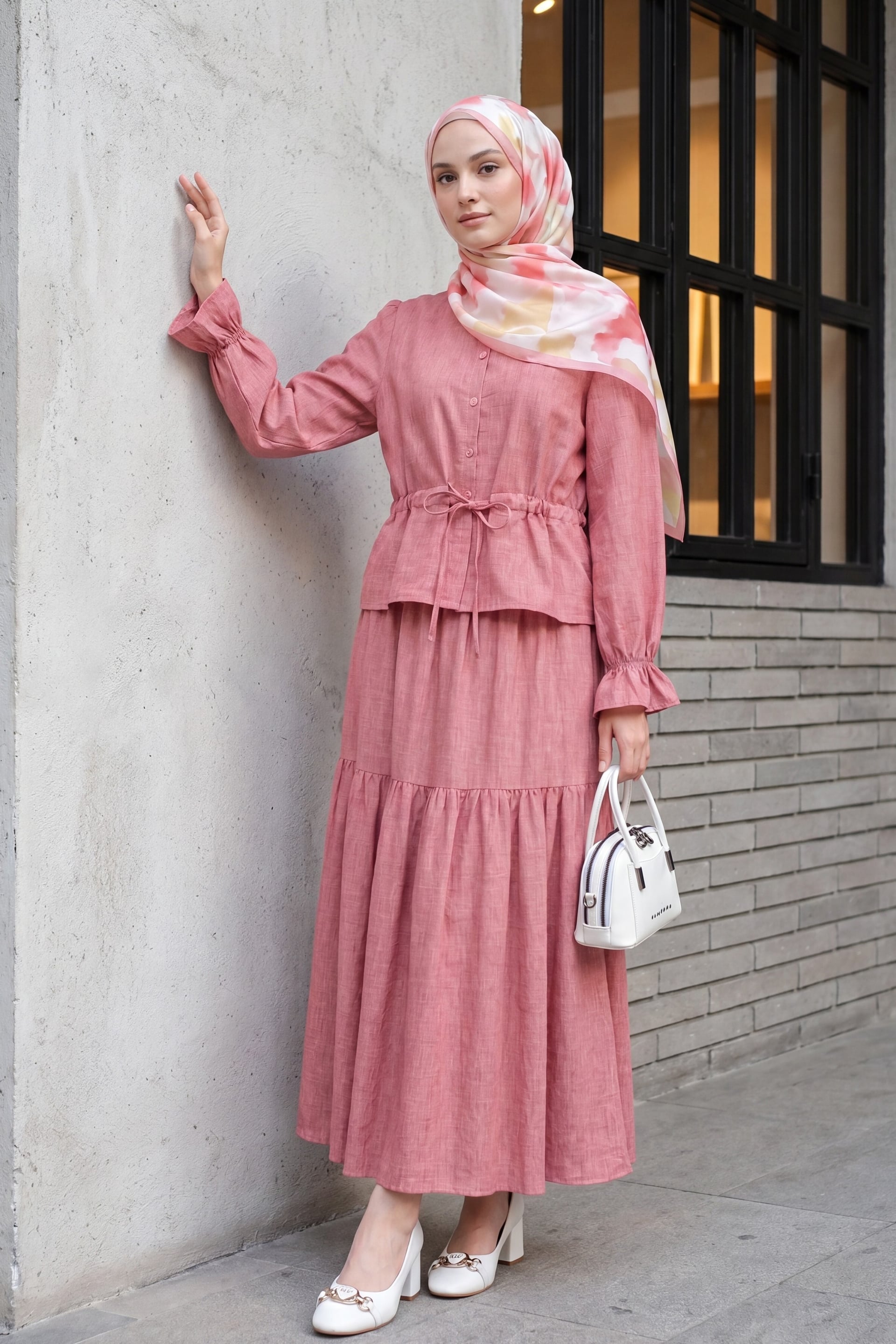 Dusty Rose Button-Front Tie-Waist Linen Look Two-Piece Set (Blouse and Skirt) - Podyumplus - by Peralane - photo 3