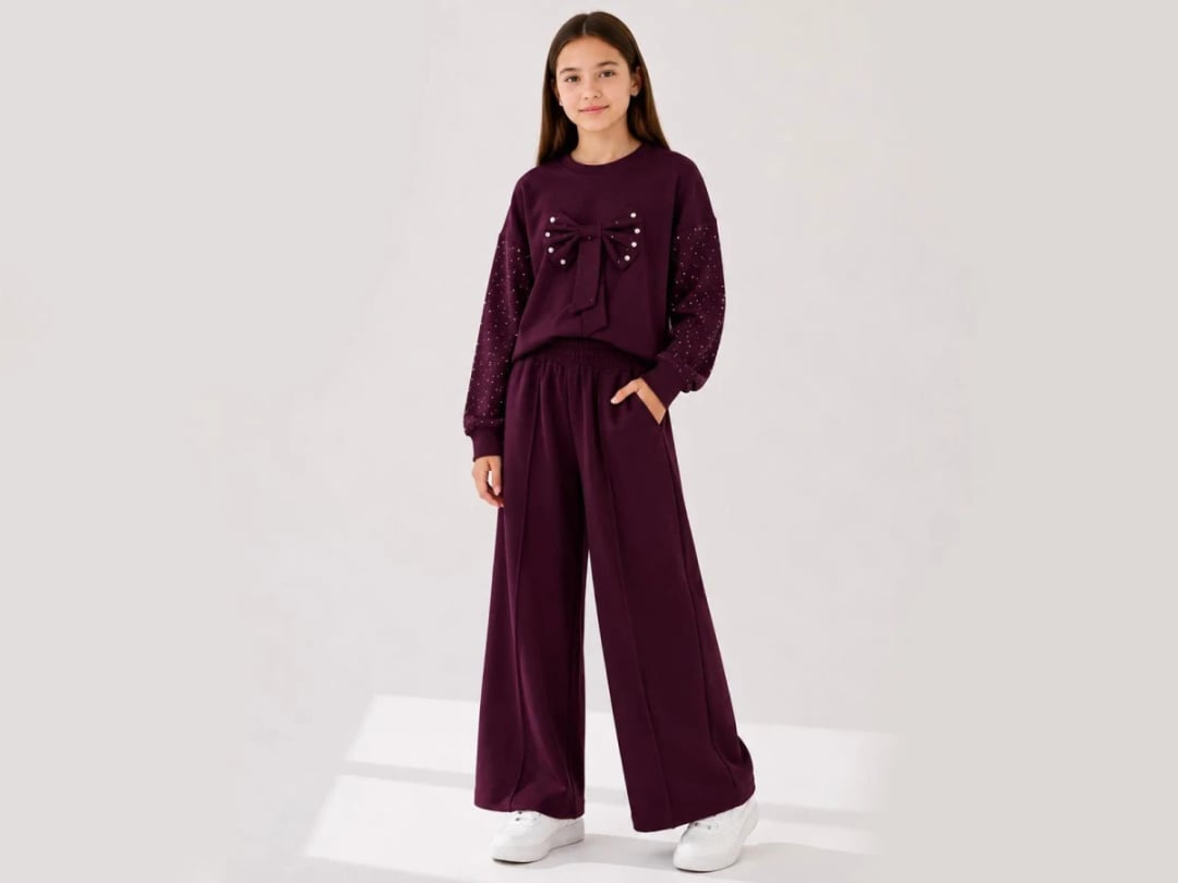Girls' Pearl Bow Sweatshirt and Wide-Leg Trousers Set - Deep Purple - Incilay - by Peralane